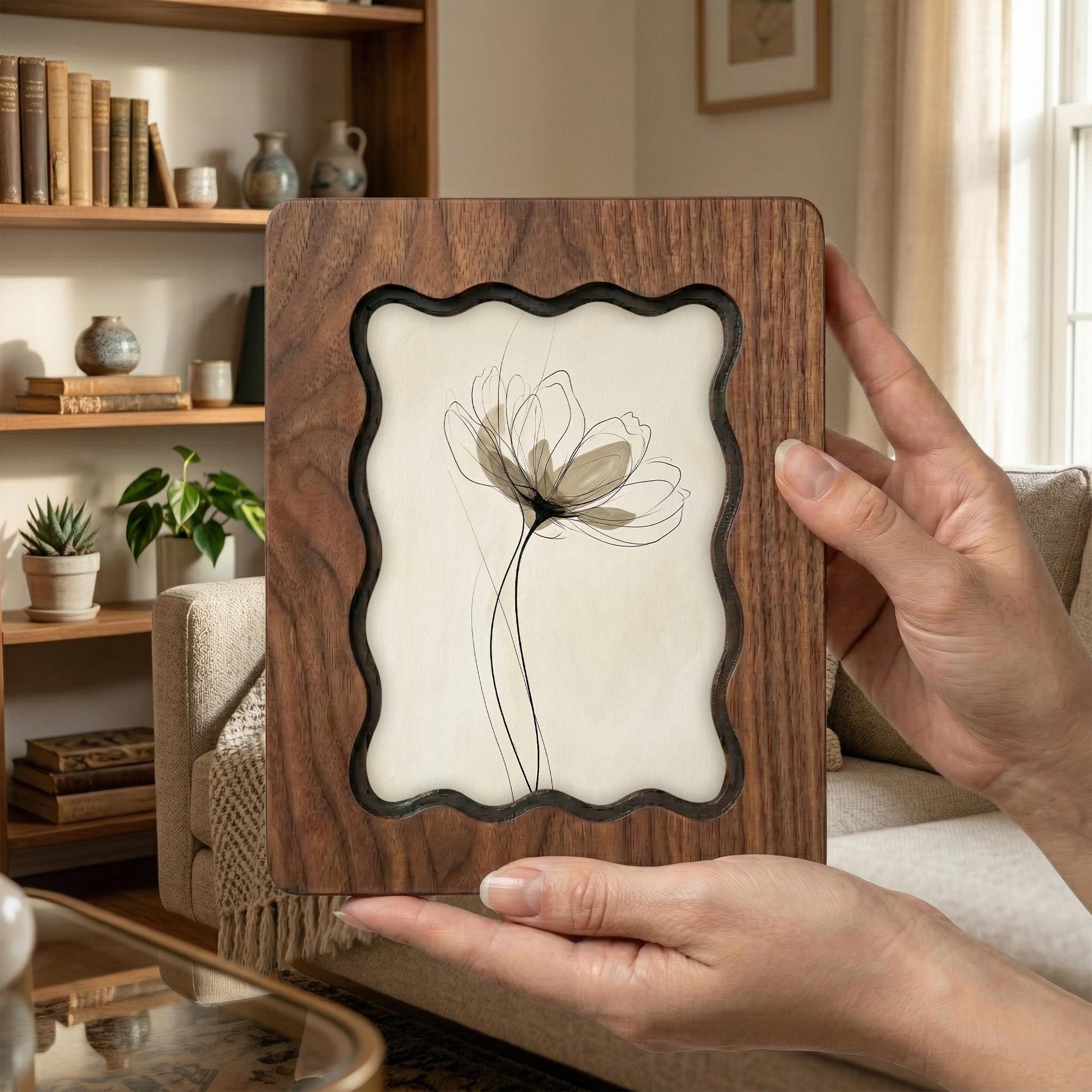 Minimalist Abstract Flower Wood Wall Art, 3D Layered Plywood Floral Decor, Zen X-ray Flower in Scalloped Wooden Frame, Modern Botanical Gift