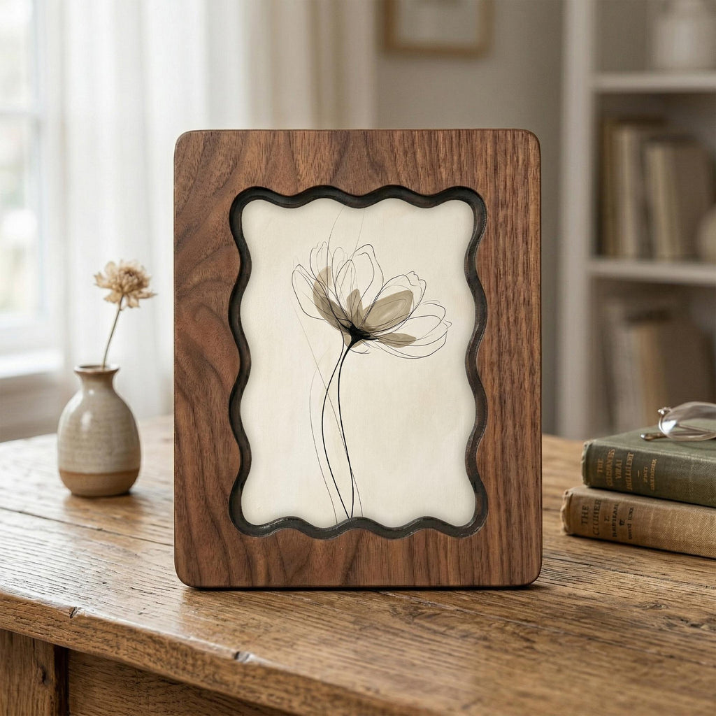 Minimalist Abstract Flower Wood Wall Art, 3D Layered Plywood Floral Decor, Zen X-ray Flower in Scalloped Wooden Frame, Modern Botanical Gift