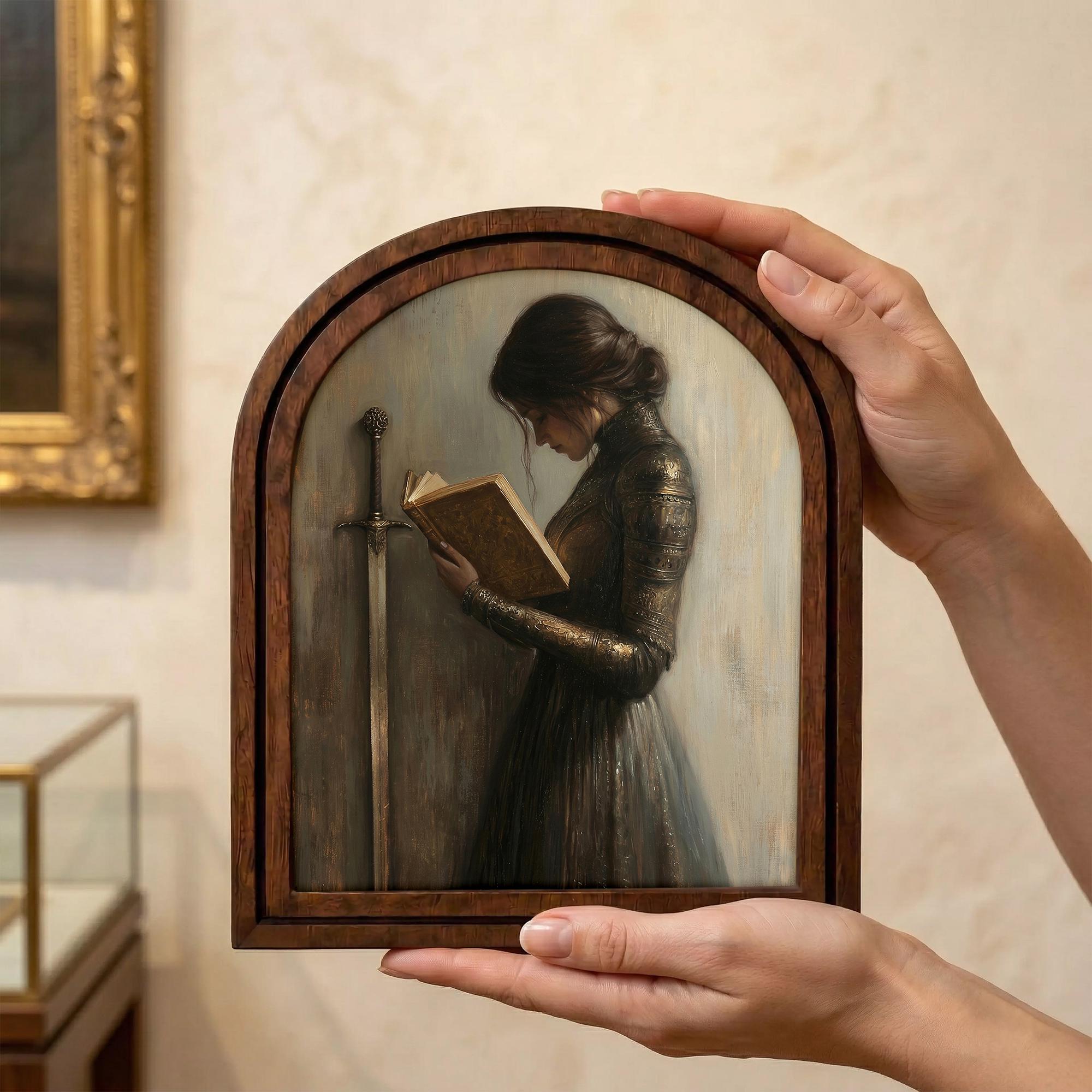 Fantasy Wall Art, Dark Academia Decor, Female Knight Print, Vintage Sword Painting, Moody Girl Reading, Rustic Wood Canvas, Aesthetic Gift
