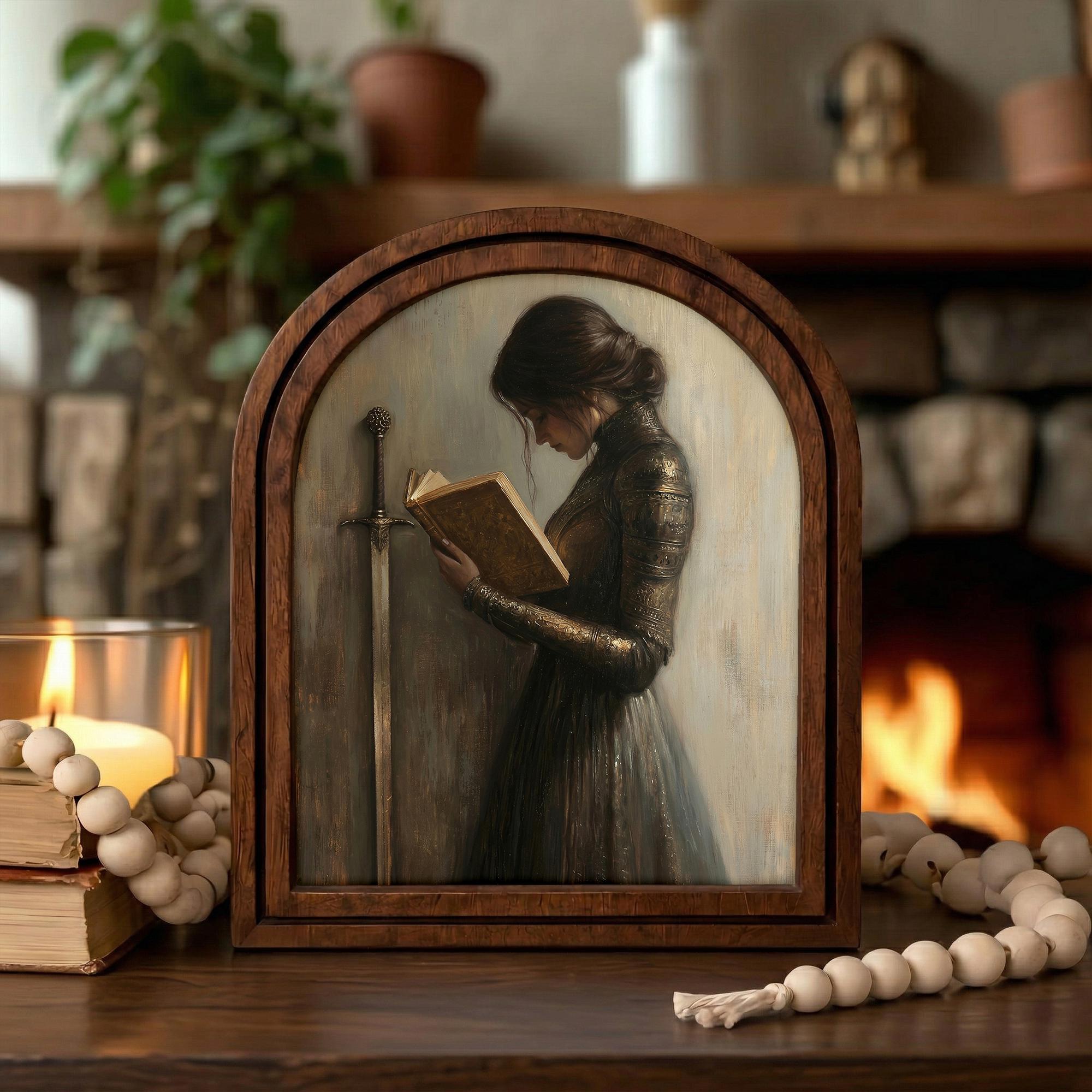 Fantasy Wall Art, Dark Academia Decor, Female Knight Print, Vintage Sword Painting, Moody Girl Reading, Rustic Wood Canvas, Aesthetic Gift
