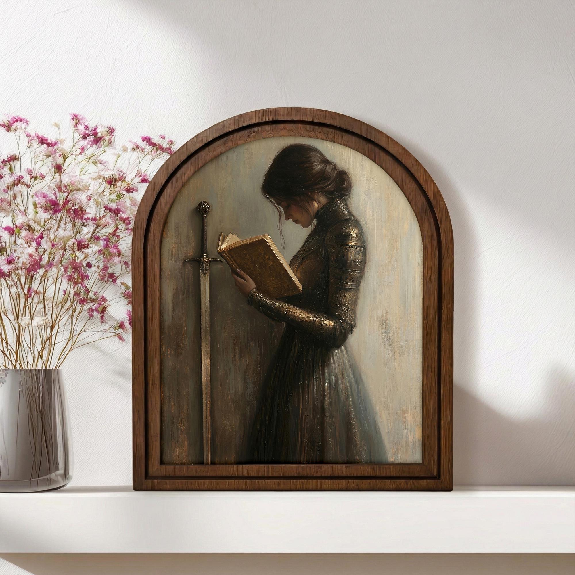 Fantasy Wall Art, Dark Academia Decor, Female Knight Print, Vintage Sword Painting, Moody Girl Reading, Rustic Wood Canvas, Aesthetic Gift