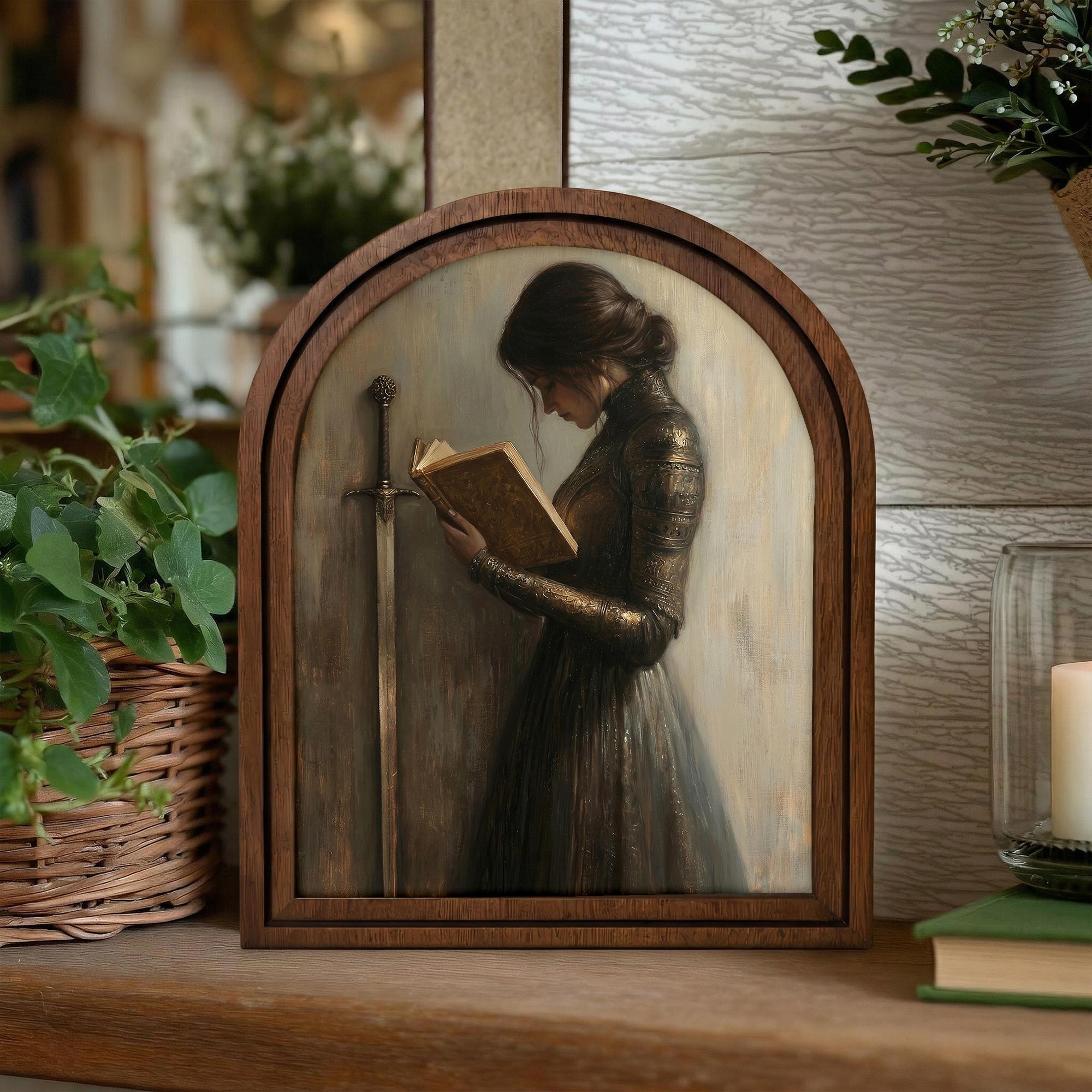 Fantasy Wall Art, Dark Academia Decor, Female Knight Print, Vintage Sword Painting, Moody Girl Reading, Rustic Wood Canvas, Aesthetic Gift