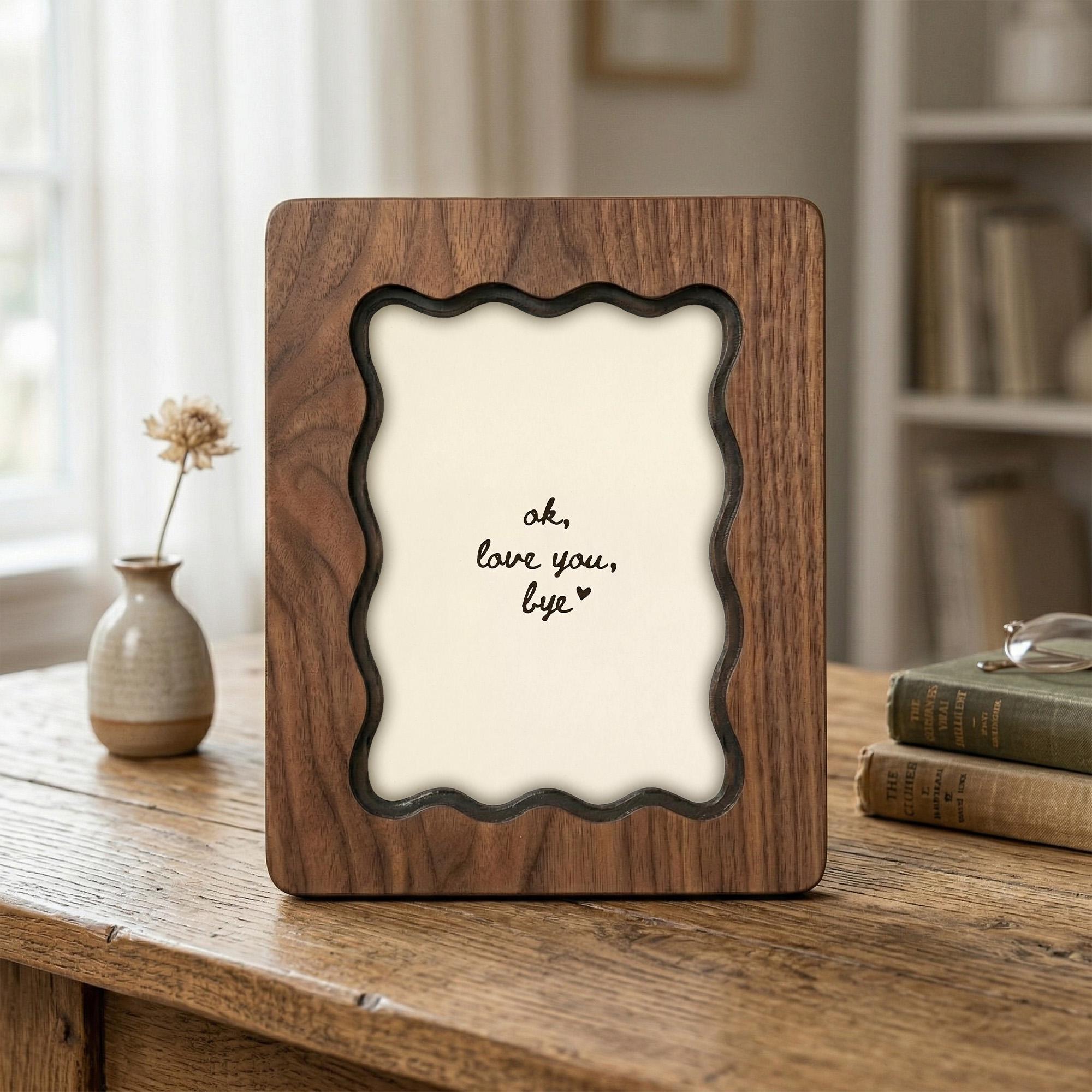 Wavy Scalloped Wood Picture Frame, 3-Layer Plywood Walnut Finish Art Decor, Unique Squiggle Photo Frame 7x9 9x11 11x14 14x18, Couple Gift