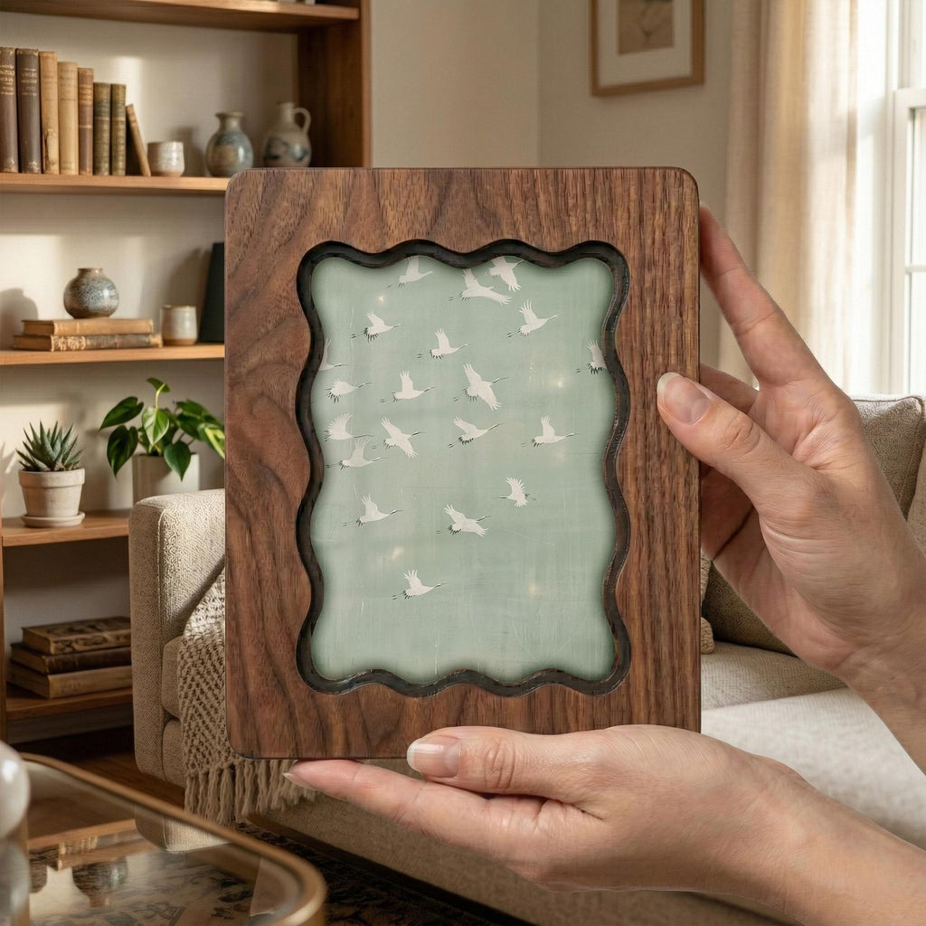 Wavy Scalloped Wood Picture Frame, 3-Layer Plywood Walnut Finish Wall Art, Unique Squiggle Photo Frame 7x9 9x11 11x14 14x18, Modern Gift