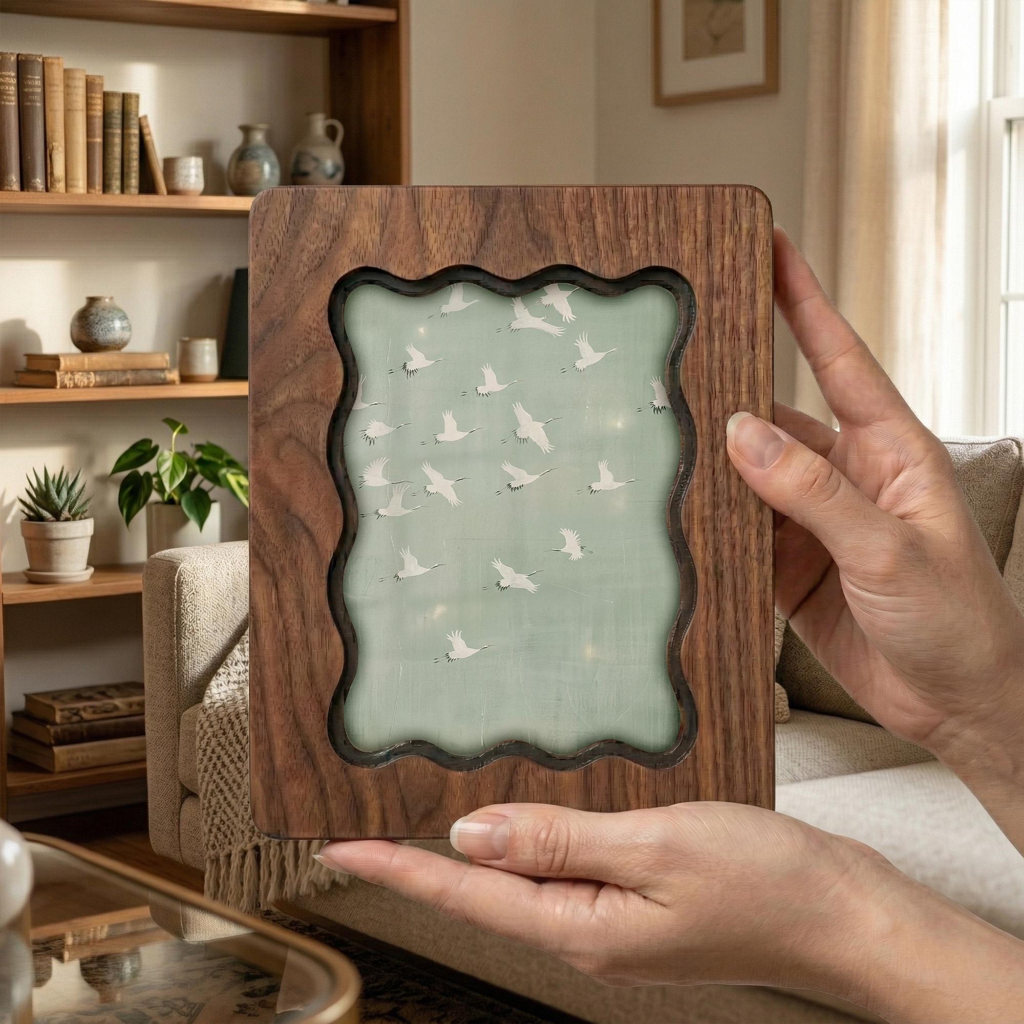 Wavy Scalloped Wood Picture Frame, 3-Layer Plywood Walnut Finish Wall Art, Unique Squiggle Photo Frame 7x9 9x11 11x14 14x18, Modern Gift