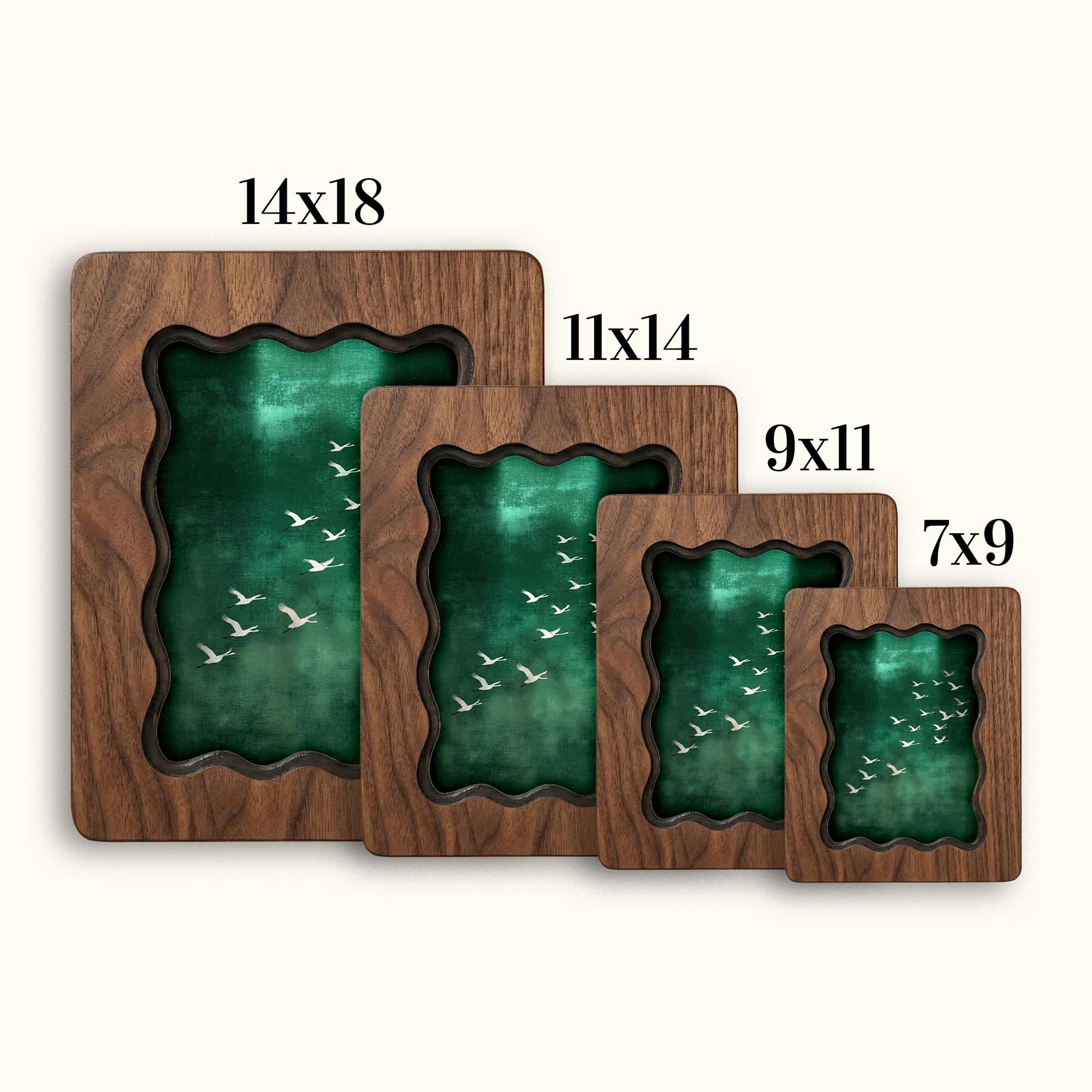 Wavy Scalloped Wood Picture Frame, 3-Layer Plywood Walnut Finish Art Decor, Unique Squiggle Photo Frame 7x9 9x11 11x14 14x18, Tabletop Gift