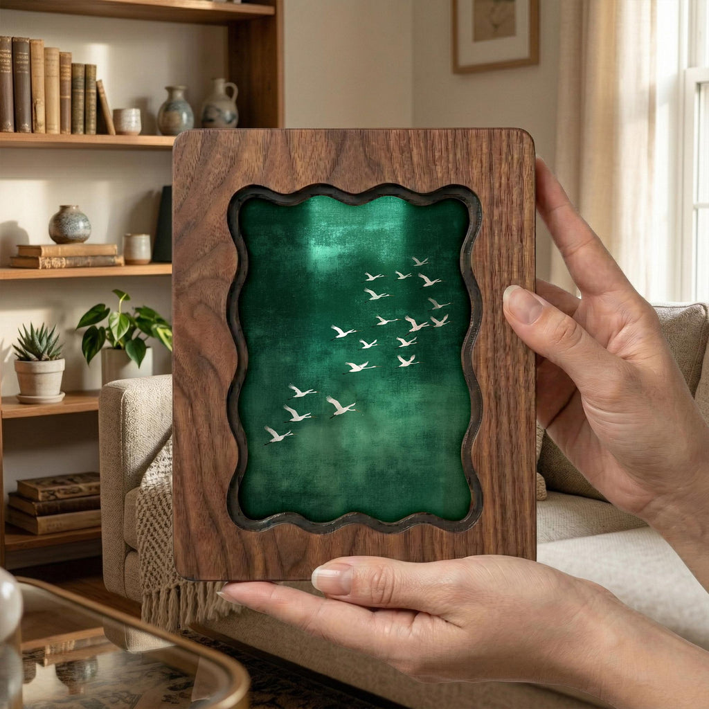 Wavy Scalloped Wood Picture Frame, 3-Layer Plywood Walnut Finish Art Decor, Unique Squiggle Photo Frame 7x9 9x11 11x14 14x18, Tabletop Gift