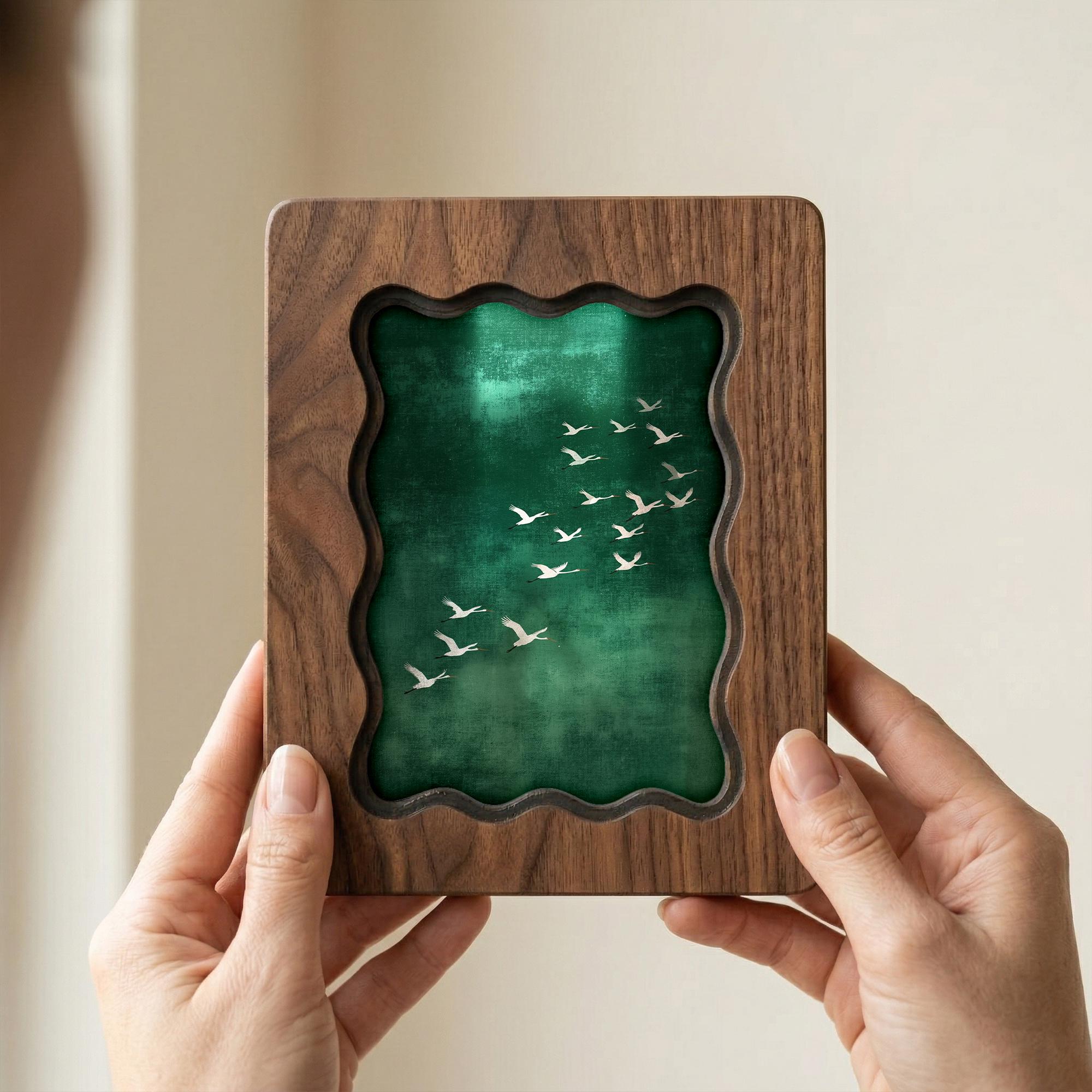 Wavy Scalloped Wood Picture Frame, 3-Layer Plywood Walnut Finish Art Decor, Unique Squiggle Photo Frame 7x9 9x11 11x14 14x18, Tabletop Gift