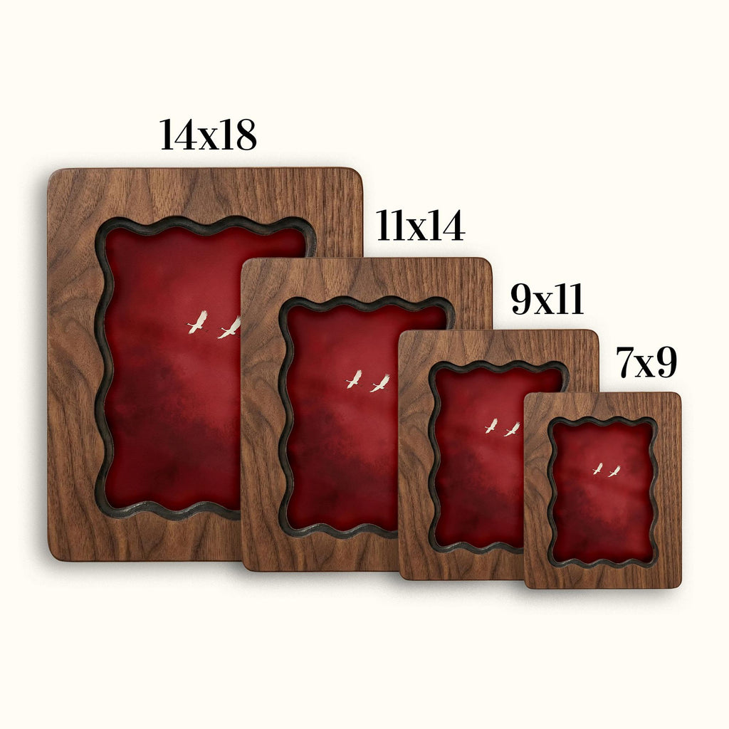 Wavy Scalloped Wood Picture Frame, 3-Layer Plywood Walnut Finish Wall Decor, Small to Large Photo Frame 7x9 9x11 11x14 14x18, Unique Gift