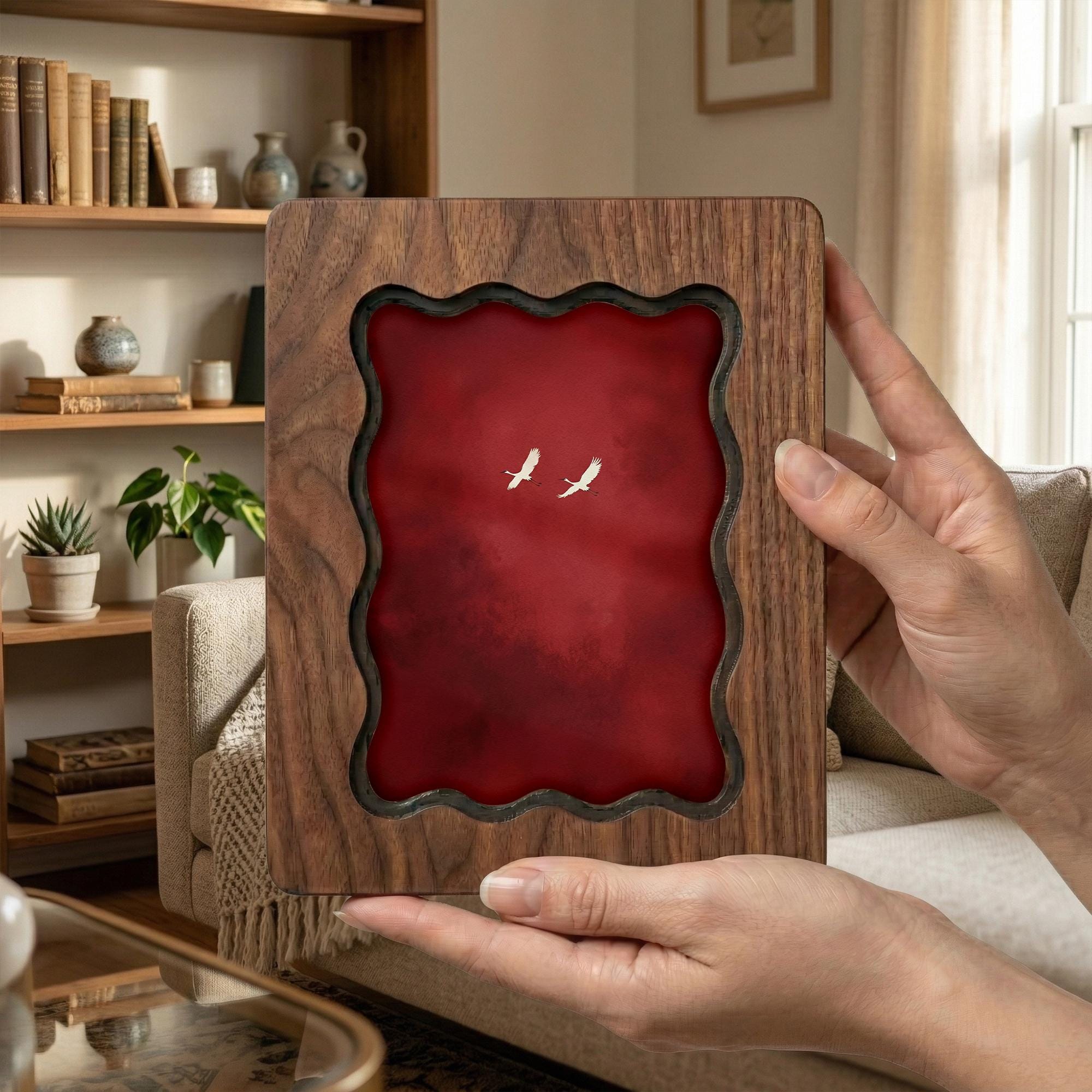 Wavy Scalloped Wood Picture Frame, 3-Layer Plywood Walnut Finish Wall Decor, Small to Large Photo Frame 7x9 9x11 11x14 14x18, Unique Gift