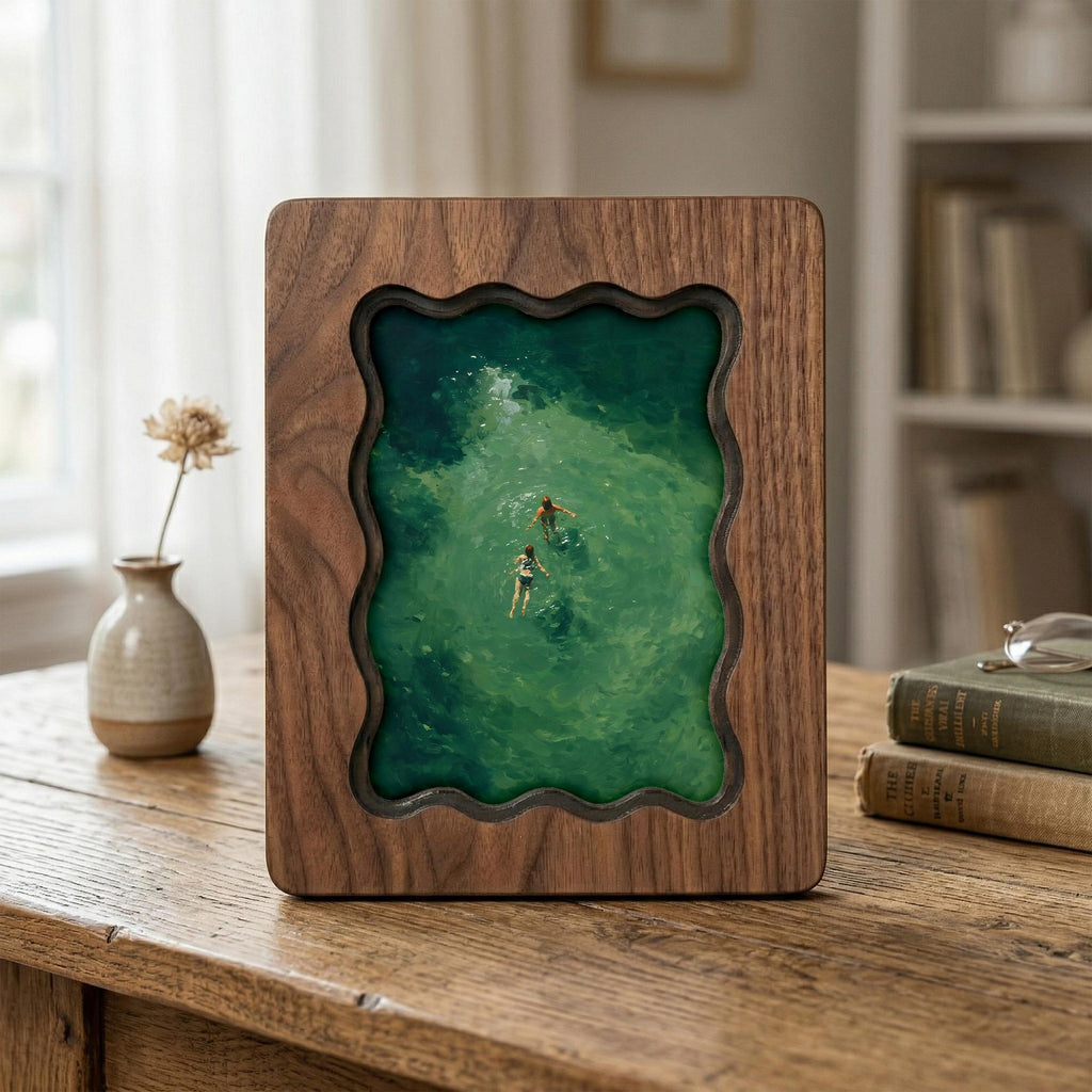 Wavy Scalloped Wood Picture Frame, 3-Layer Plywood Walnut Finish Wall Decor, Small to Large Photo Frame 7x9 9x11 11x14 14x18, Unique Gift