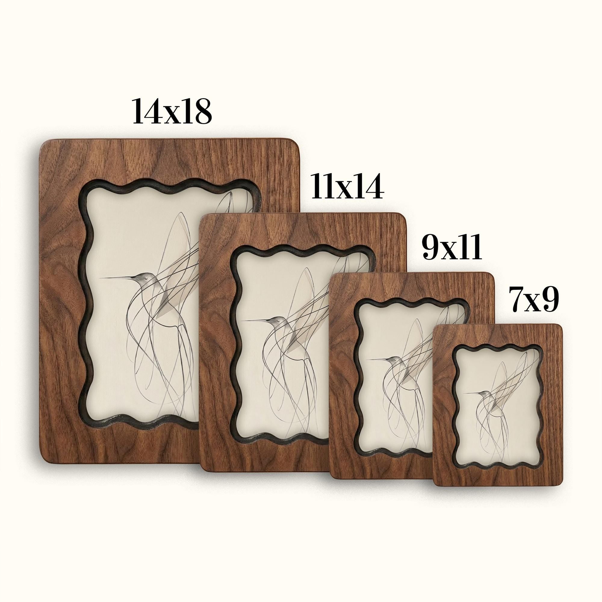 Walnut Wavy Scalloped Wooden Frame with Abstract Hummingbird Art, Handmade 3-Layer Plywood Wall Decor, Multiple Sizes 7x9-14x18