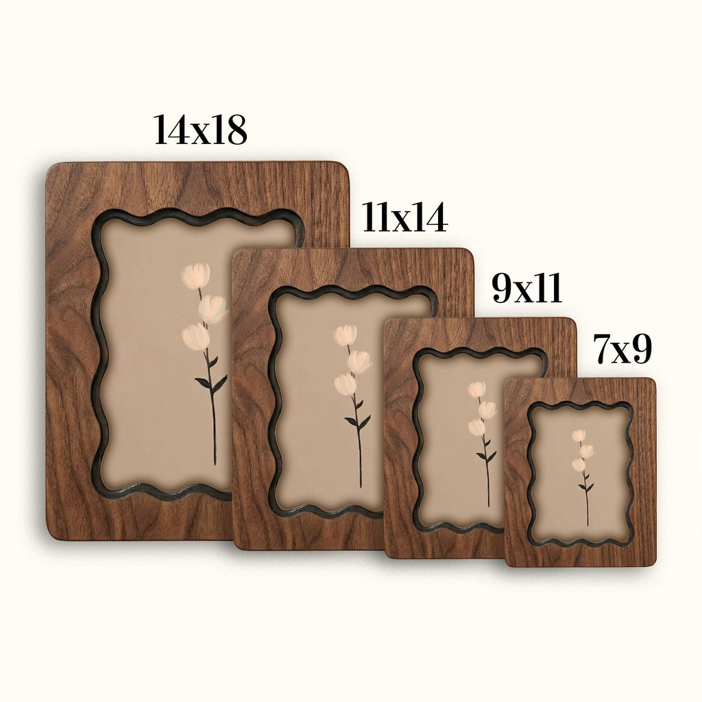 Wavy Scalloped Wooden Picture Frame, 3-Layer Plywood Walnut Finish Photo Frame, Minimalist Floral Wall Art Decor, 7x9 9x11 11x14 14x18