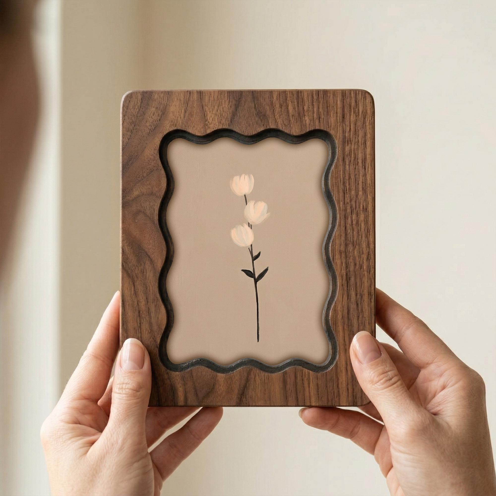 Wavy Scalloped Wooden Picture Frame, 3-Layer Plywood Walnut Finish Photo Frame, Minimalist Floral Wall Art Decor, 7x9 9x11 11x14 14x18