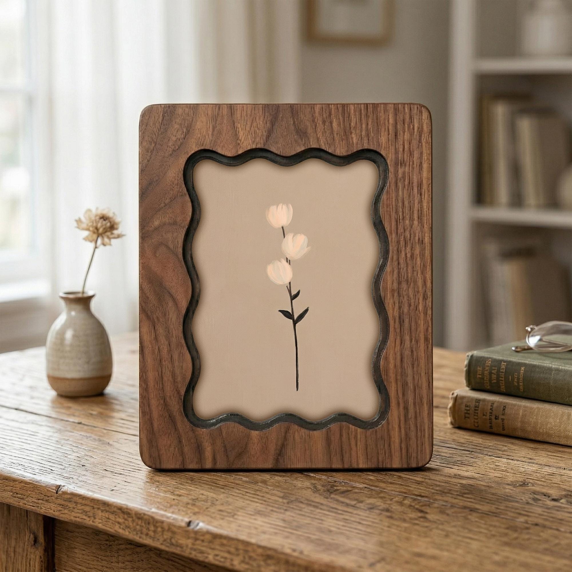 Wavy Scalloped Wooden Picture Frame, 3-Layer Plywood Walnut Finish Photo Frame, Minimalist Floral Wall Art Decor, 7x9 9x11 11x14 14x18