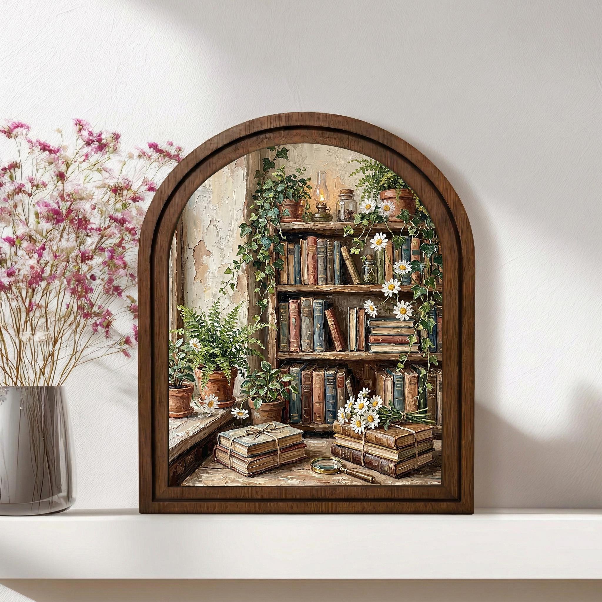 Dark Academia Decor, Vintage Bookshelf Art, Bookworm Wall Print, Cottagecore Library, Rustic Wood Canvas, Aesthetic Plant Poster, Gift