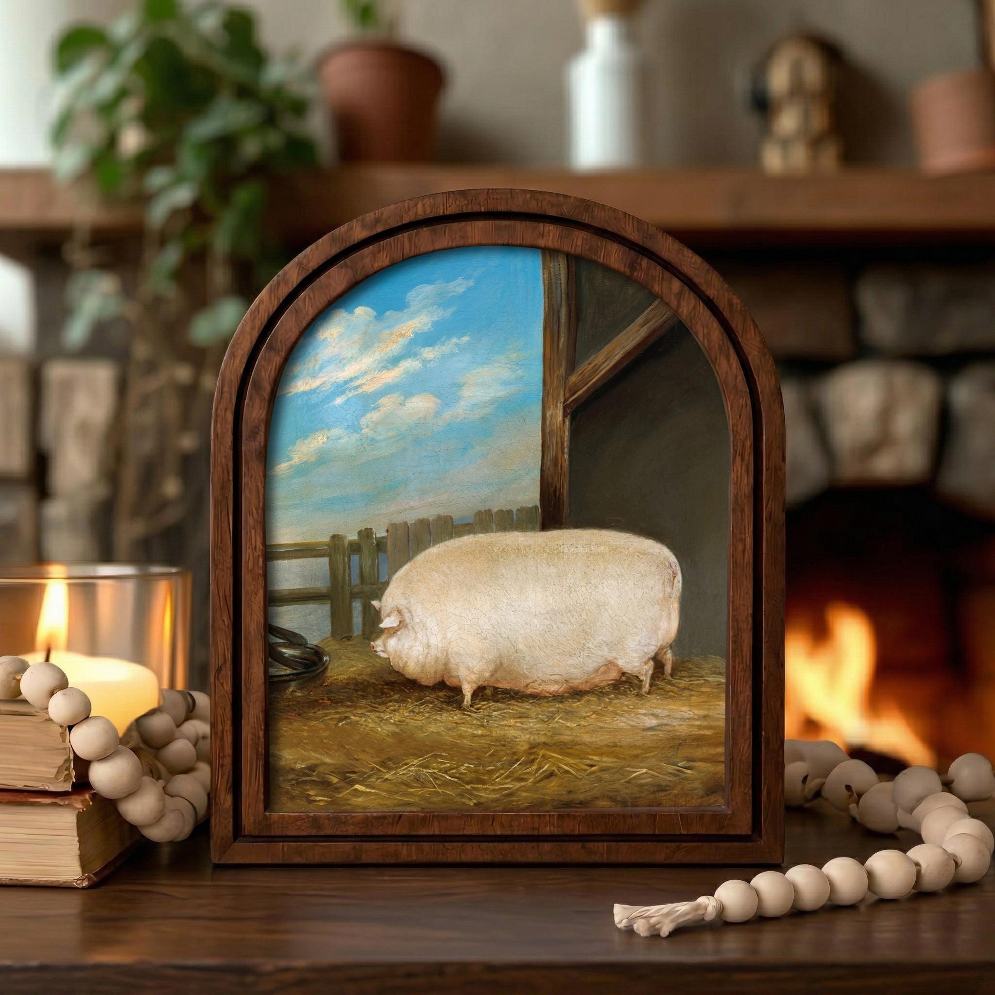 Vintage Pig Painting, Farmhouse Wall Art, Antique Animal Art, Country Decor Framed, Rustic Wood Canvas Art, Cute Fat Pig Print, Tabletop Art