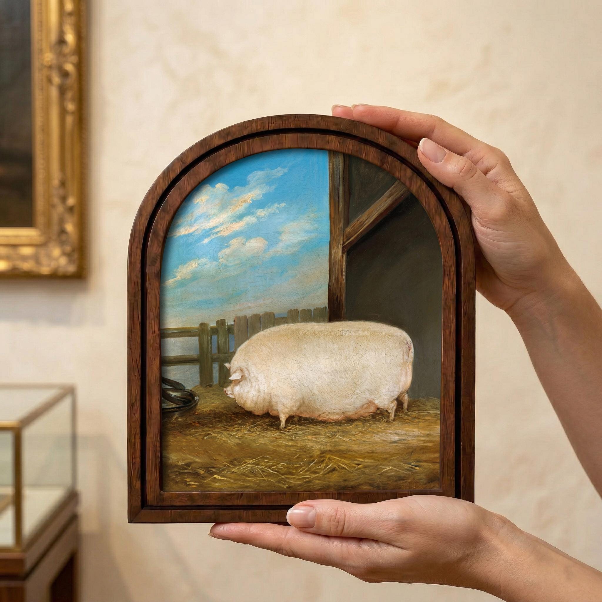 Vintage Pig Painting, Farmhouse Wall Art, Antique Animal Art, Country Decor Framed, Rustic Wood Canvas Art, Cute Fat Pig Print, Tabletop Art