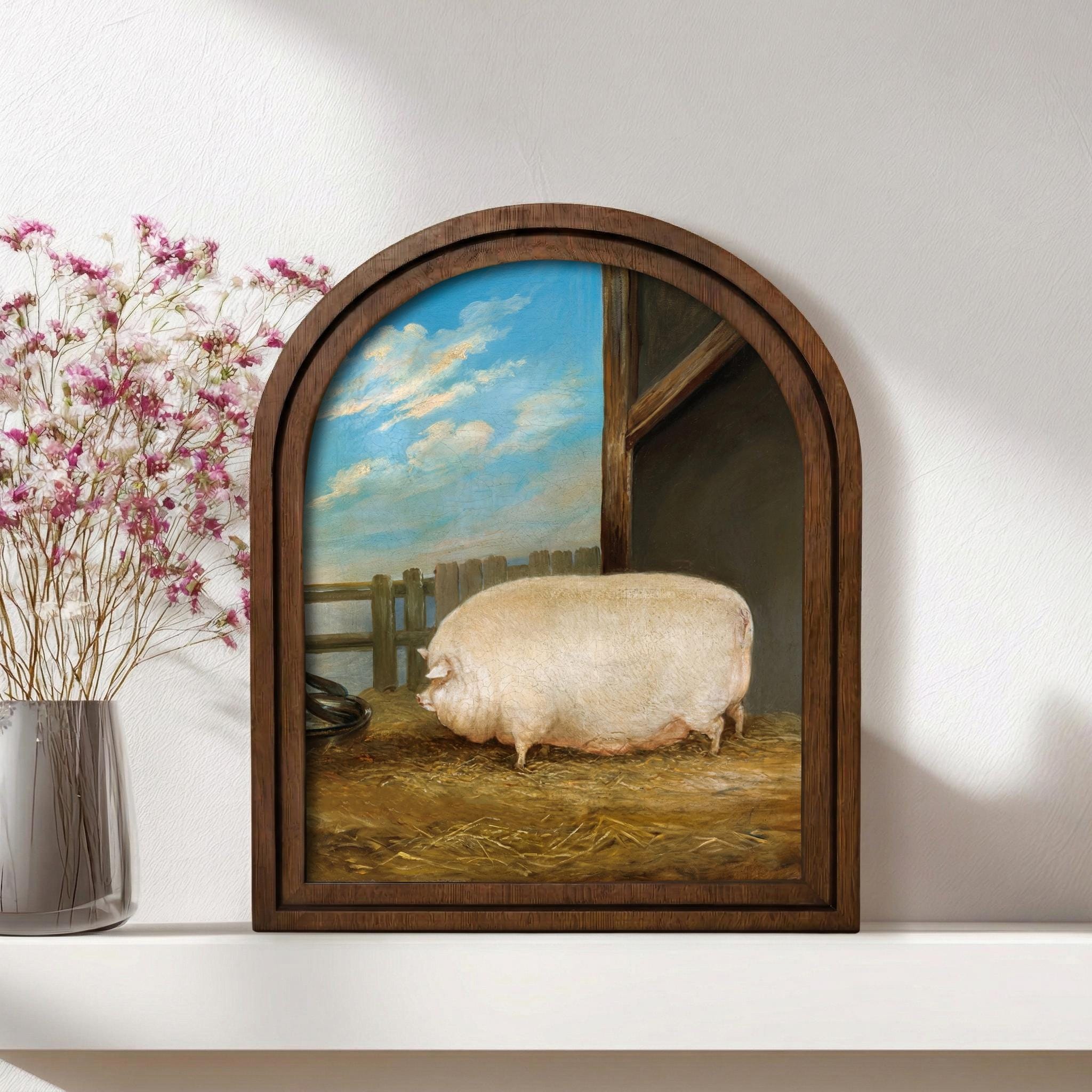 Vintage Pig Painting, Farmhouse Wall Art, Antique Animal Art, Country Decor Framed, Rustic Wood Canvas Art, Cute Fat Pig Print, Tabletop Art