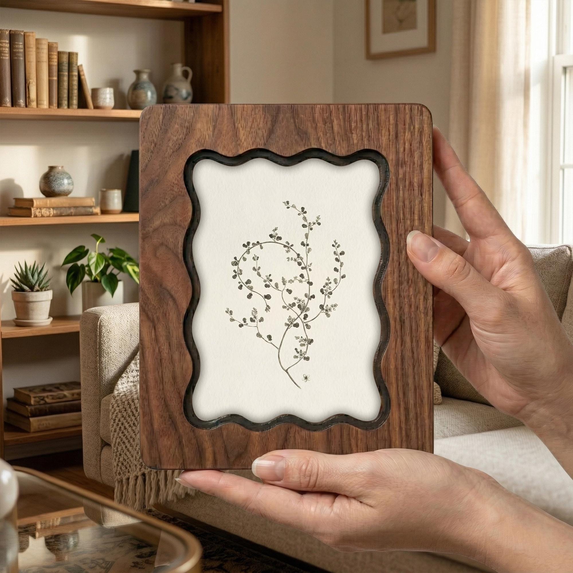 Minimalist Botanical Sketch Scalloped Wood Frame, Vintage Floral Wall Art, Wavy Layered Plywood Decor, Rustic Boho Home Gift, 7x9 9x11 14x18
