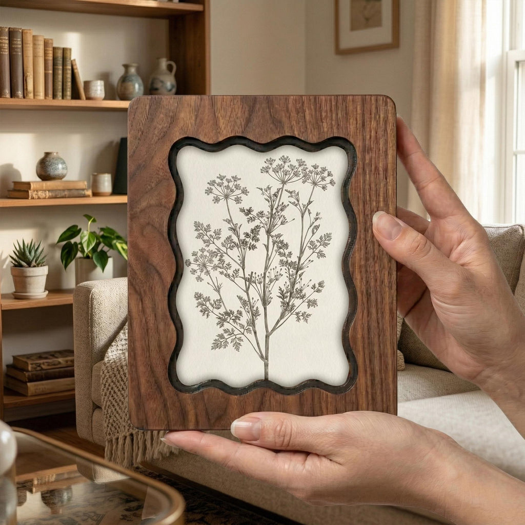 Vintage Botanical Fern Sketch Scalloped Wood Frame, Wildflower Wall Art, Wavy Layered Plywood Decor, Rustic Cottagecore Gift, 7x9 9x11 14x18