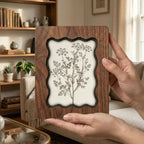 Vintage Botanical Fern Sketch Scalloped Wood Frame, Wildflower Wall Art, Wavy Layered Plywood Decor, Rustic Cottagecore Gift, 7x9 9x11 14x18