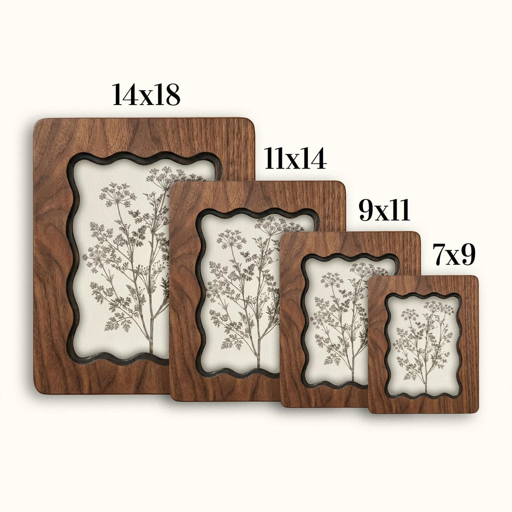 Vintage Botanical Fern Sketch Scalloped Wood Frame, Wildflower Wall Art, Wavy Layered Plywood Decor, Rustic Cottagecore Gift, 7x9 9x11 14x18