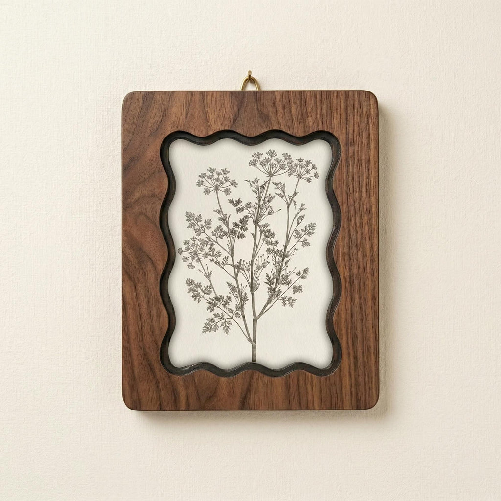 Vintage Botanical Fern Sketch Scalloped Wood Frame, Wildflower Wall Art, Wavy Layered Plywood Decor, Rustic Cottagecore Gift, 7x9 9x11 14x18