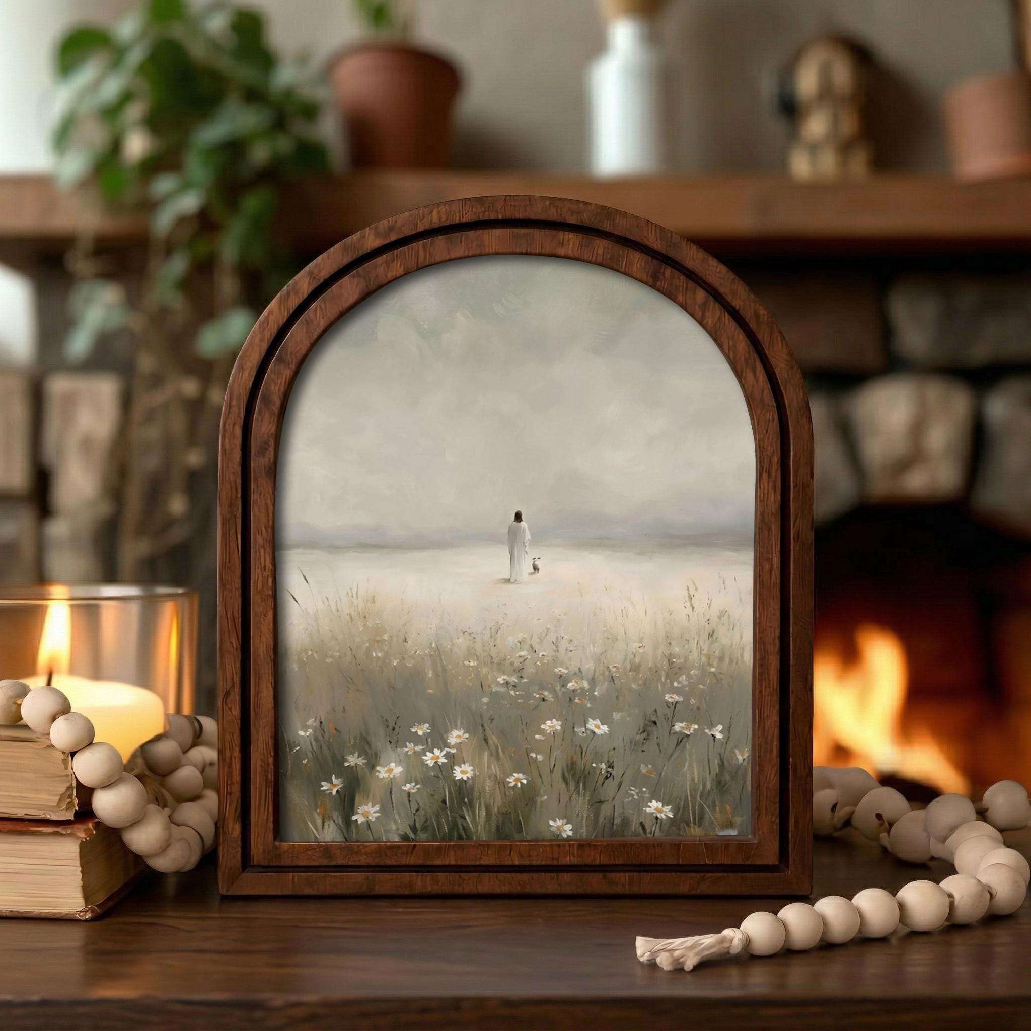 Christian Wall Art, Scripture Wall Art, Jesus Wall Art, Kids Room Art, Jesus in Daisy Field Arched Wood Frame, Spiritual Gift