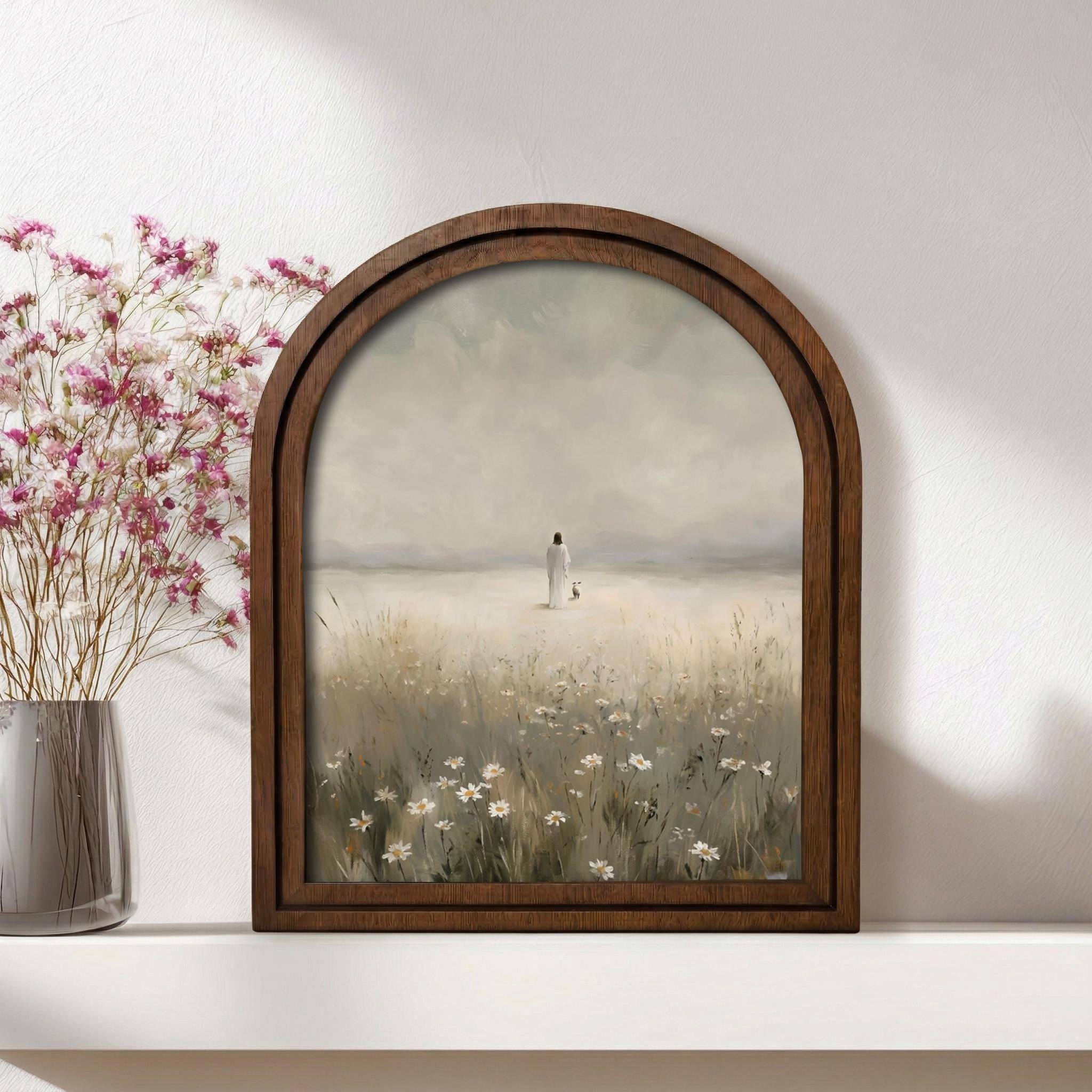 Christian Wall Art, Scripture Wall Art, Jesus Wall Art, Kids Room Art, Jesus in Daisy Field Arched Wood Frame, Spiritual Gift
