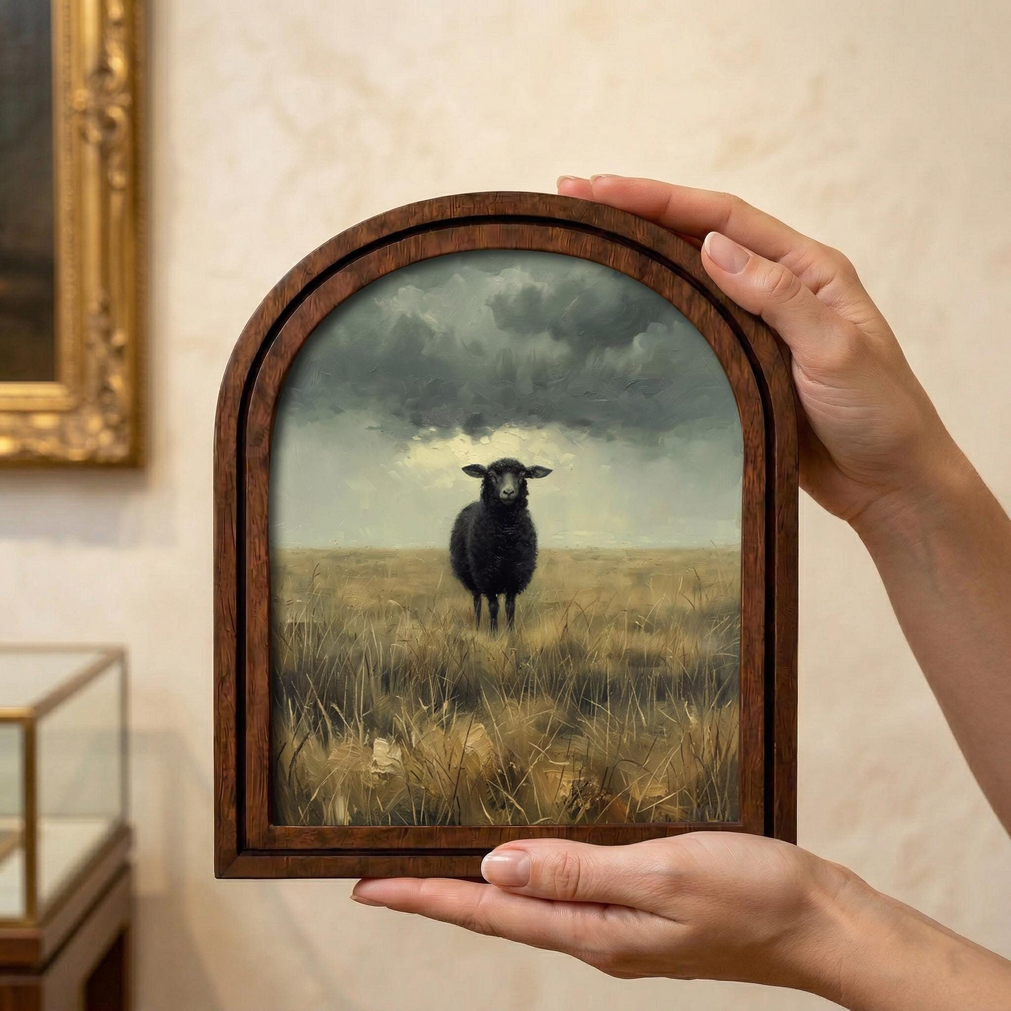 Black Sheep Wall Art, Farmhouse Decor, Moody Landscape Painting, Cottagecore Print, Rustic Wood Canvas Art, Vintage Animal Poster, Gift