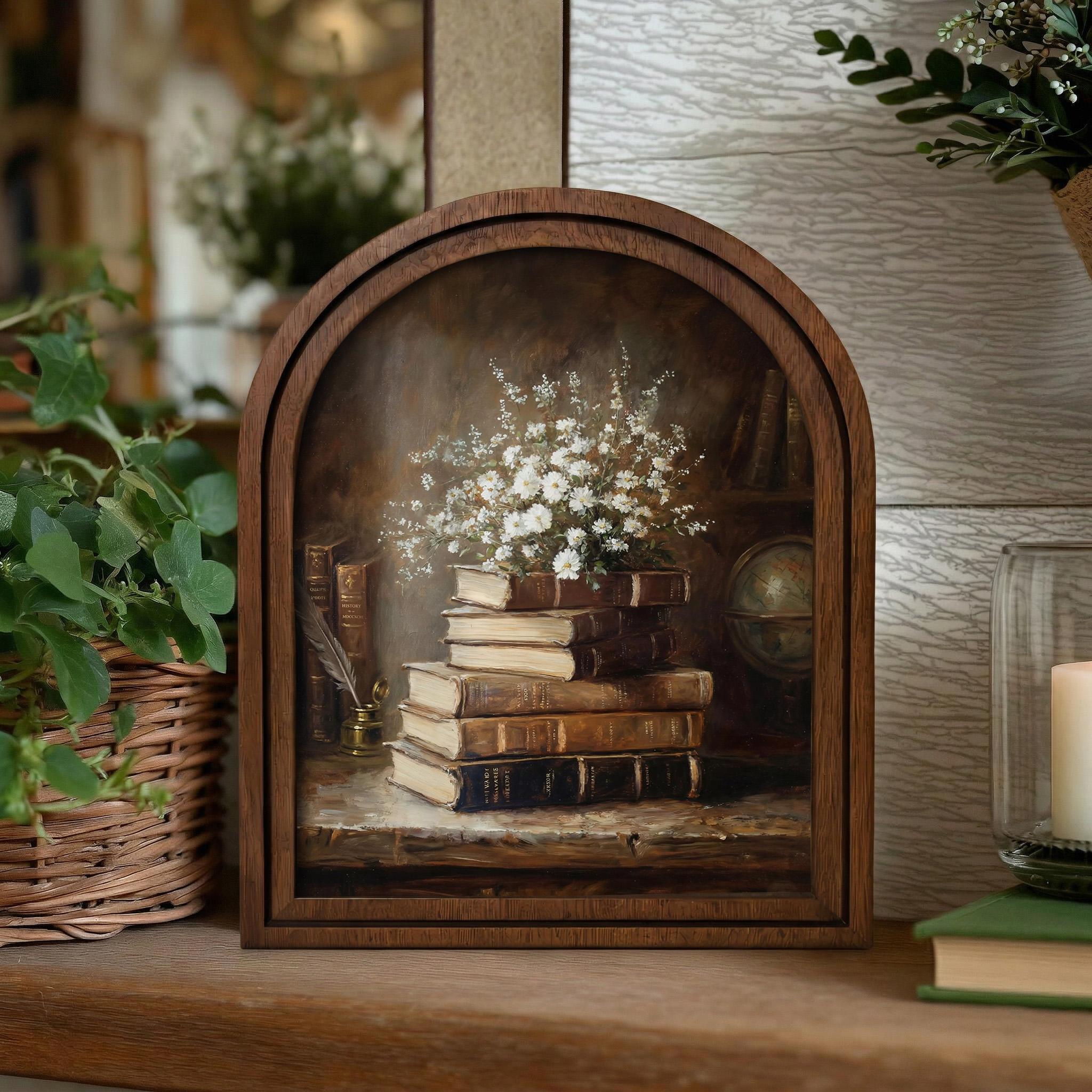Dark Academia Decor, Vintage Book Painting, Flower Wall Art, Antique Still Life Print, Rustic Wood Canvas Art, Aesthetic Library Poster,Gift