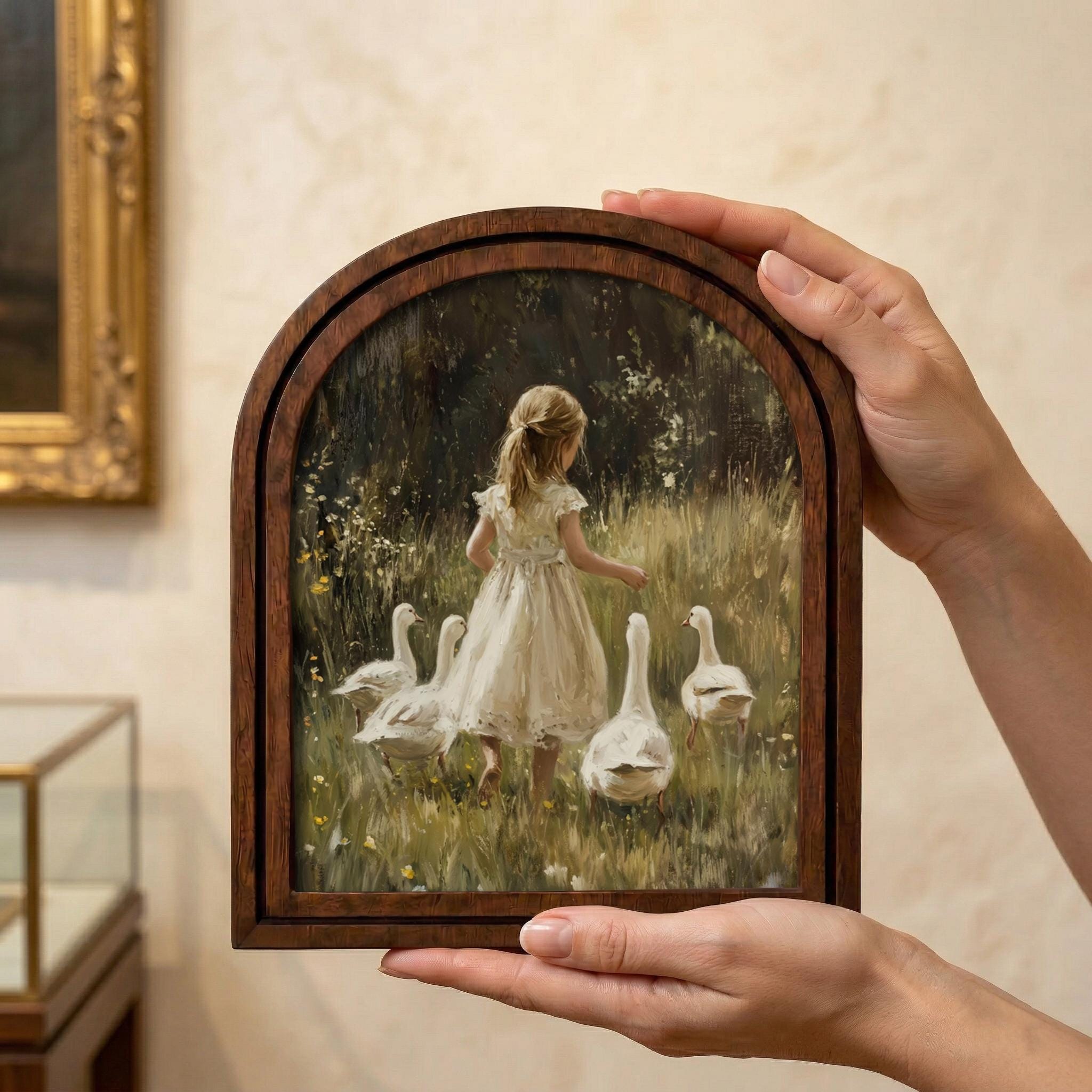Cottagecore Wall Art, Vintage Duck Painting, Antique Girl Print, Farmhouse Decor Framed, Rustic Wood Canvas Art, Country Geese Poster, Gift