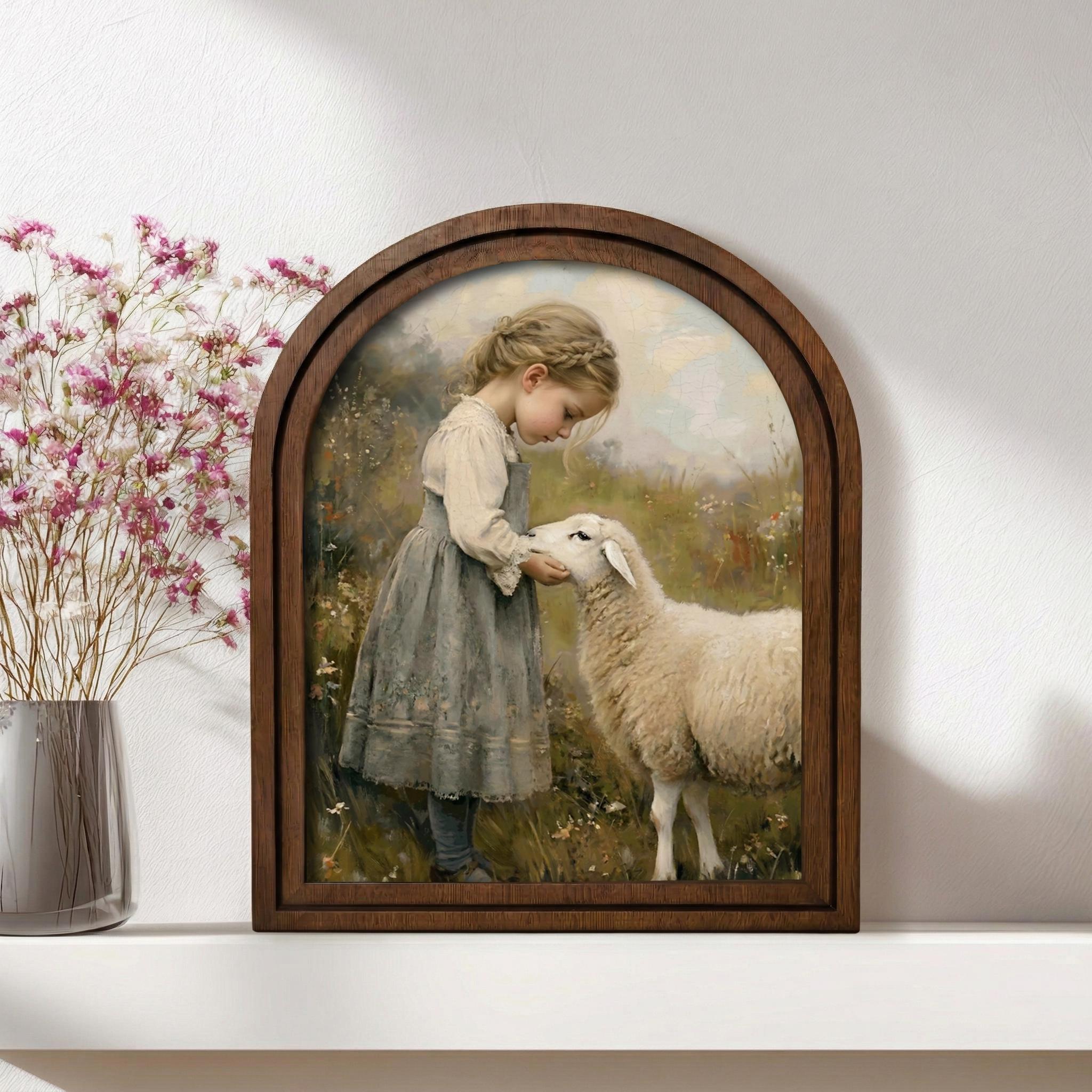 Farmhouse Wall Art, Vintage Sheep Painting, Cottagecore Decor, Antique Girl Print, Rustic Wood Canvas, Country Home Art, Tabletop Gift