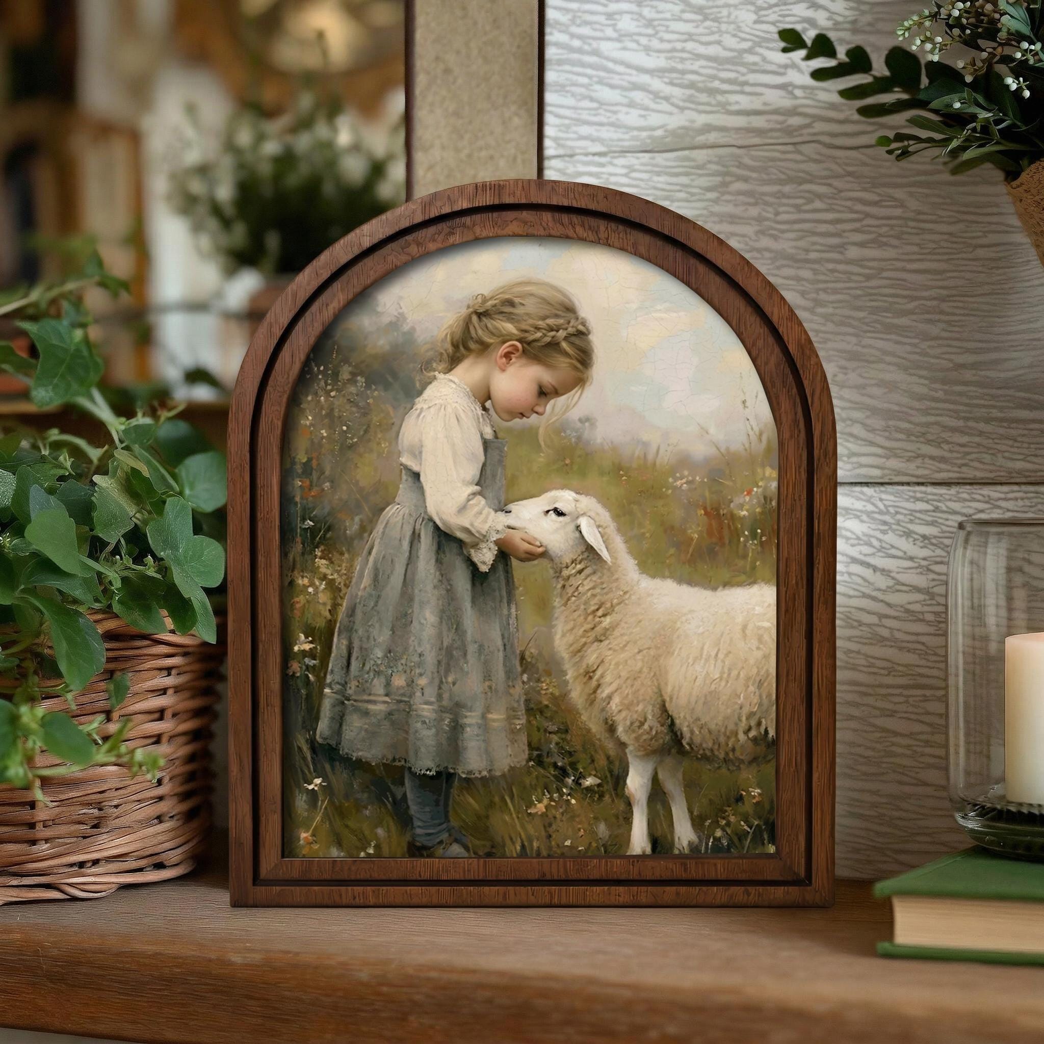 Farmhouse Wall Art, Vintage Sheep Painting, Cottagecore Decor, Antique Girl Print, Rustic Wood Canvas, Country Home Art, Tabletop Gift