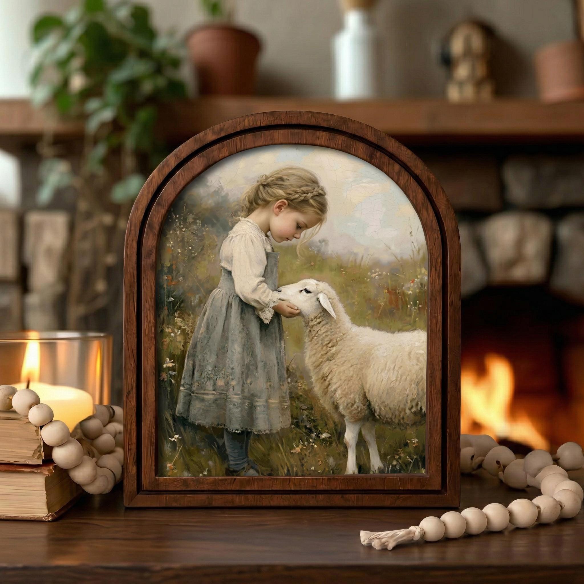 Farmhouse Wall Art, Vintage Sheep Painting, Cottagecore Decor, Antique Girl Print, Rustic Wood Canvas, Country Home Art, Tabletop Gift