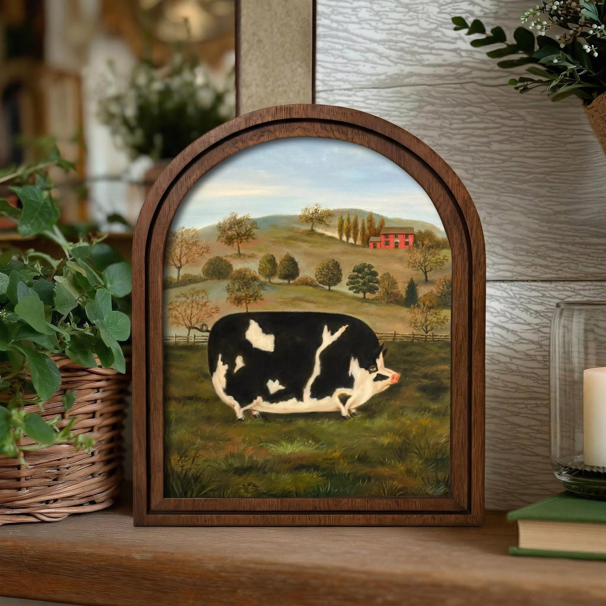 Farmhouse Wall Art, Vintage Pig Painting, Folk Art Animal Print, Country Home Decor, Rustic Wood Framed Art, Black White Pig, Tabletop Decor