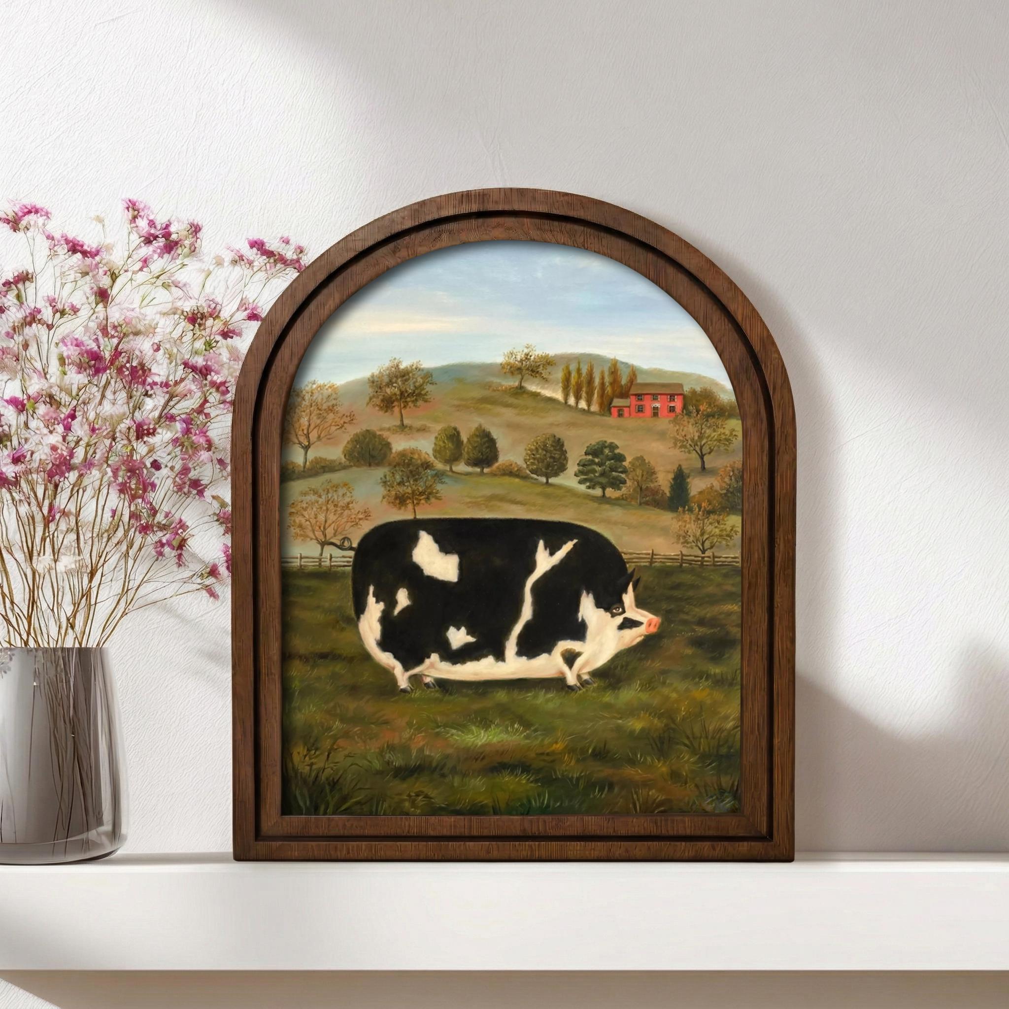 Farmhouse Wall Art, Vintage Pig Painting, Folk Art Animal Print, Country Home Decor, Rustic Wood Framed Art, Black White Pig, Tabletop Decor