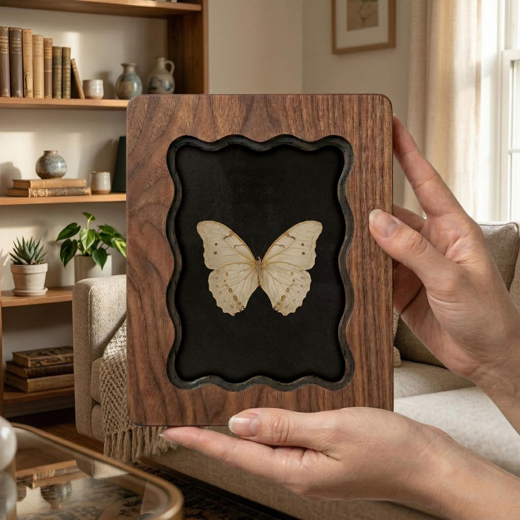 Butterfly Specimen Wood Framed Art, Wavy Scalloped Edge Scalloped Frame, 3-Layer Plywood Shadow Box, Dark Academia Decor