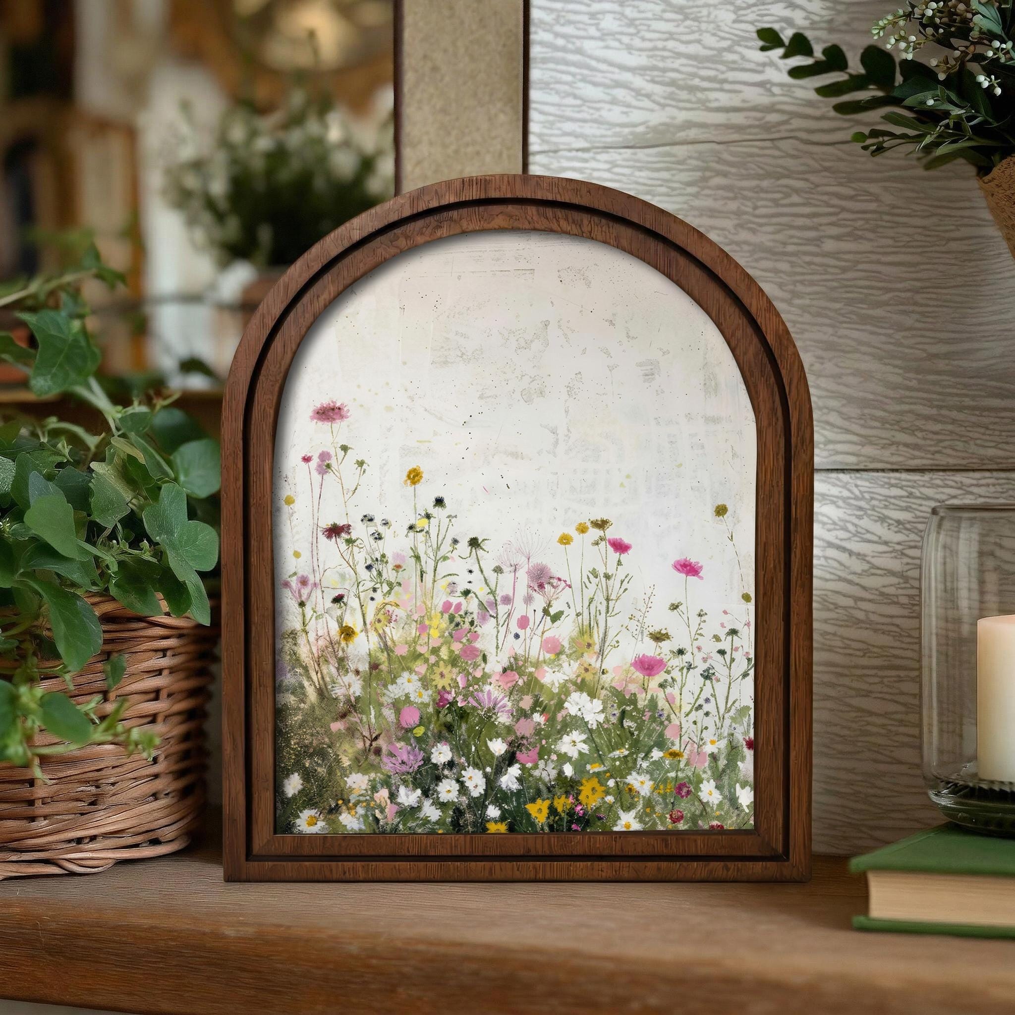 Wildflower Meadow Oil Painting Wood Framed Art, Arched Floral Wall Decor, 3-Layer Plywood Arched Sign, Cottagecore Gift