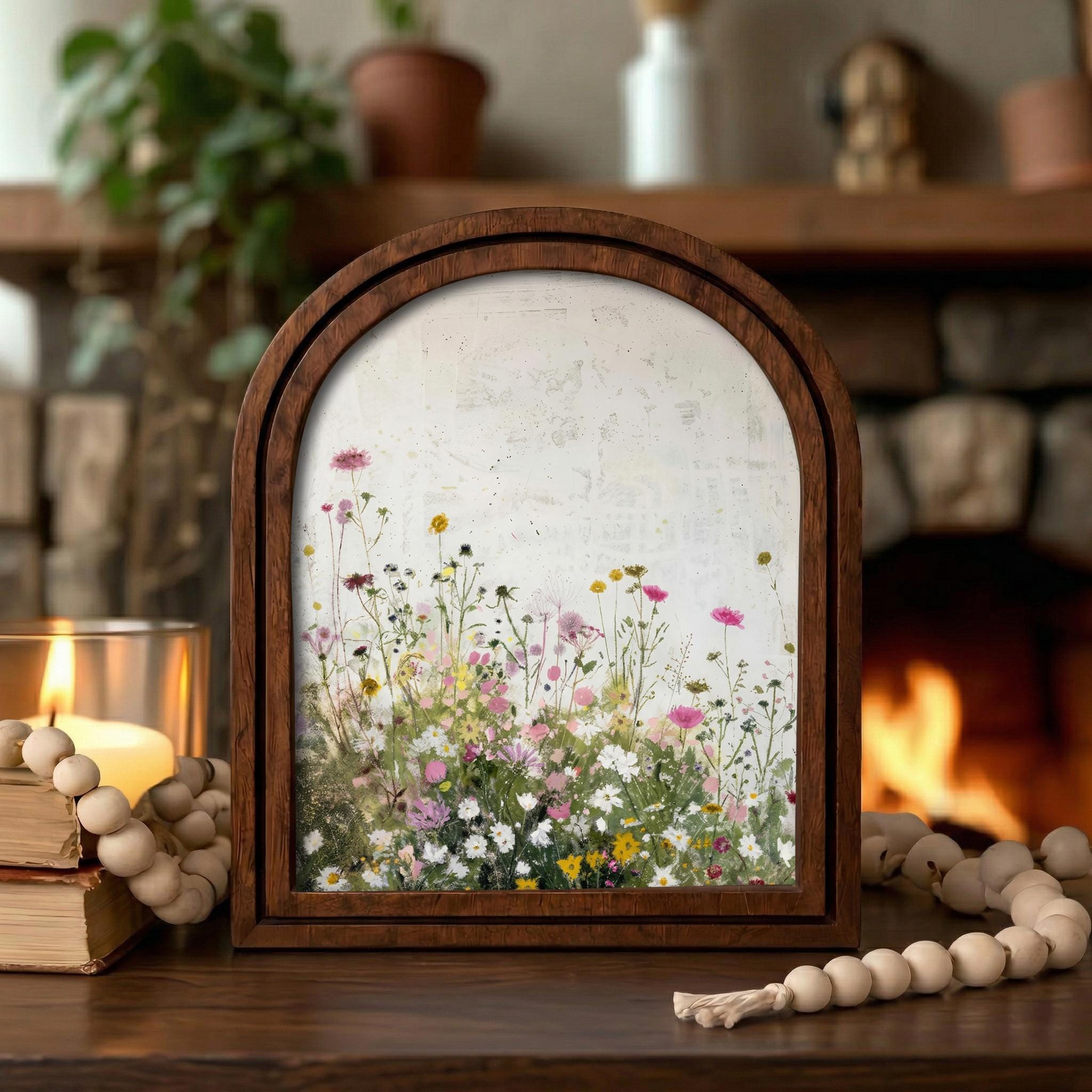Wildflower Meadow Oil Painting Wood Framed Art, Arched Floral Wall Decor, 3-Layer Plywood Arched Sign, Cottagecore Gift