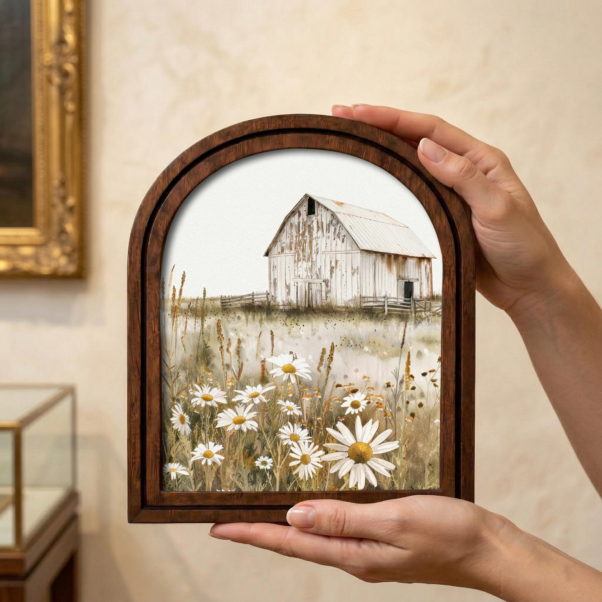 Farmhouse Wall Art, Daisy Flower Painting, Vintage White Barn, Cottagecore Decor, Rustic Wood Canvas Art, Country Landscape Poster, Gift