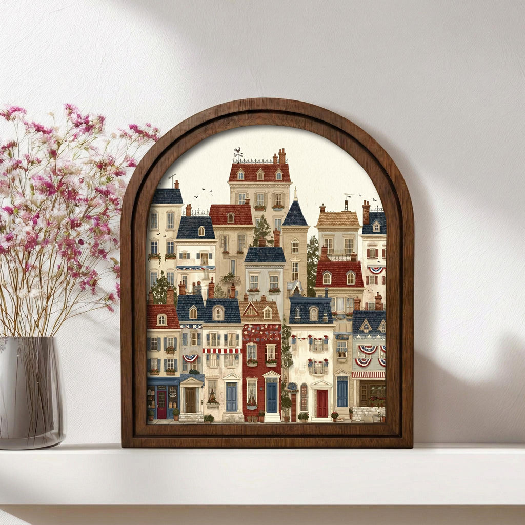 Whimsical Wall Art, Vintage Townhouse Print, Paris Architecture Poster, Cute House Illustration, Rustic Wood Canvas Art, European City Decor