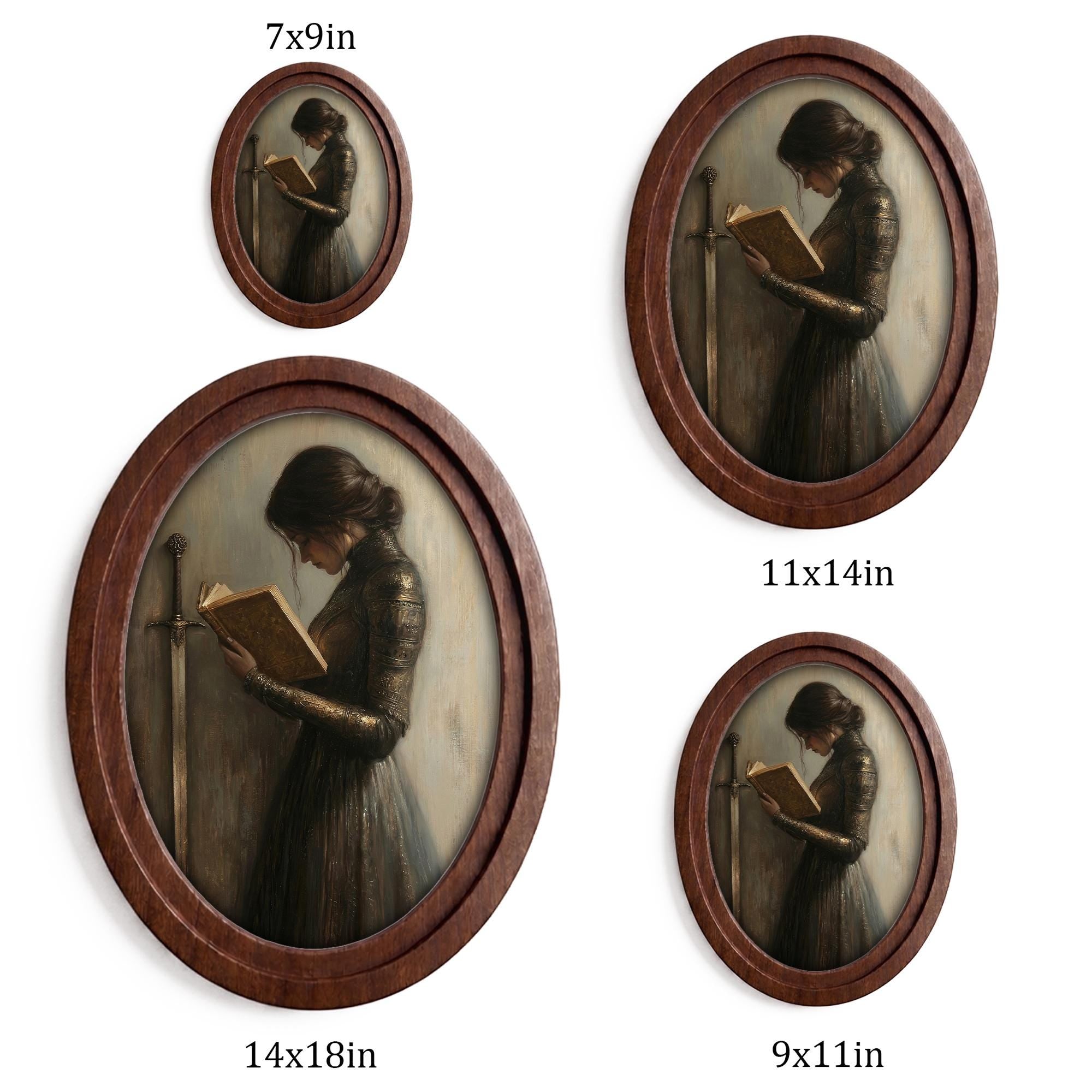 Medieval Woman Knight Reading Book Wall Art, Fantasy Female Warrior Portrait, 3D Layered Wood & Canvas Frame, Gothic Home Decor, 4 Sizes