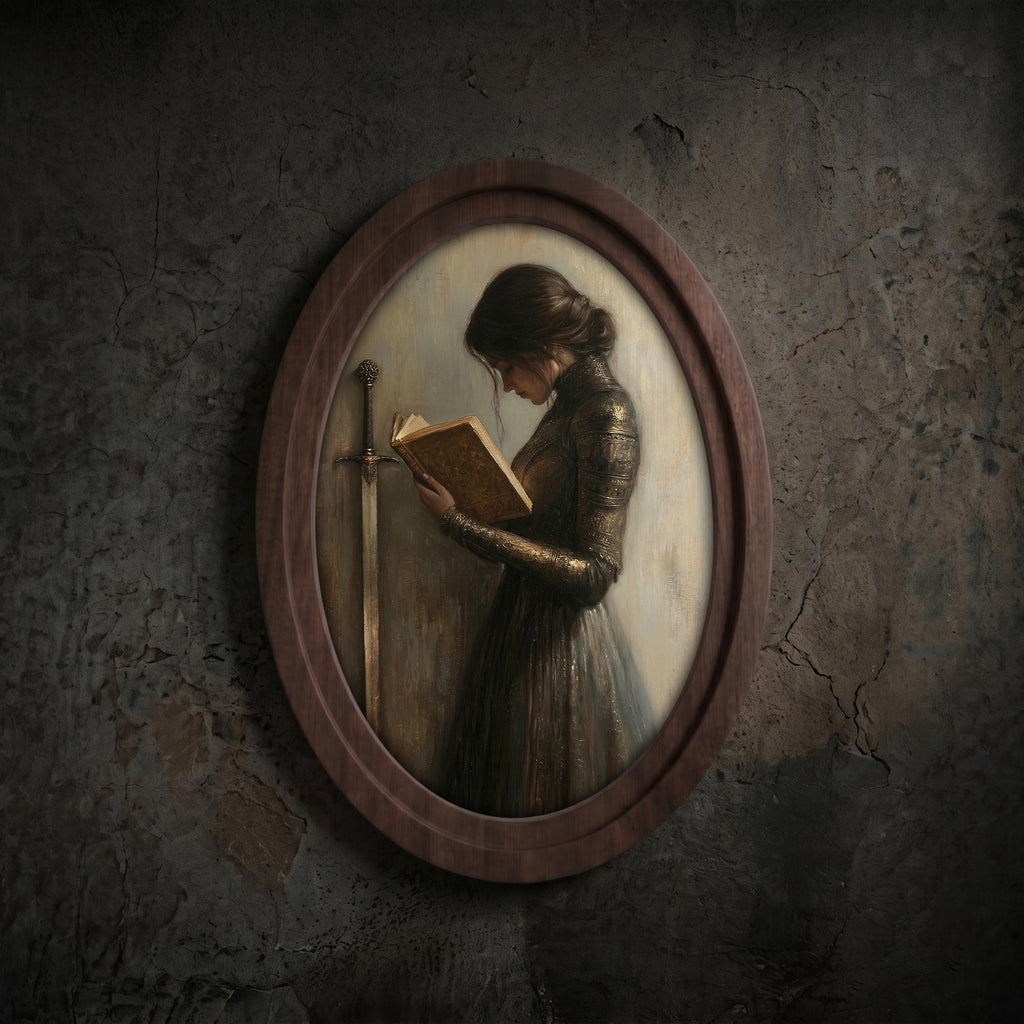 Medieval Woman Knight Reading Book Wall Art, Fantasy Female Warrior Portrait, 3D Layered Wood & Canvas Frame, Gothic Home Decor, 4 Sizes