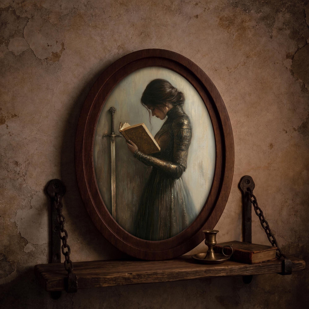 Medieval Woman Knight Reading Book Wall Art, Fantasy Female Warrior Portrait, 3D Layered Wood & Canvas Frame, Gothic Home Decor, 4 Sizes
