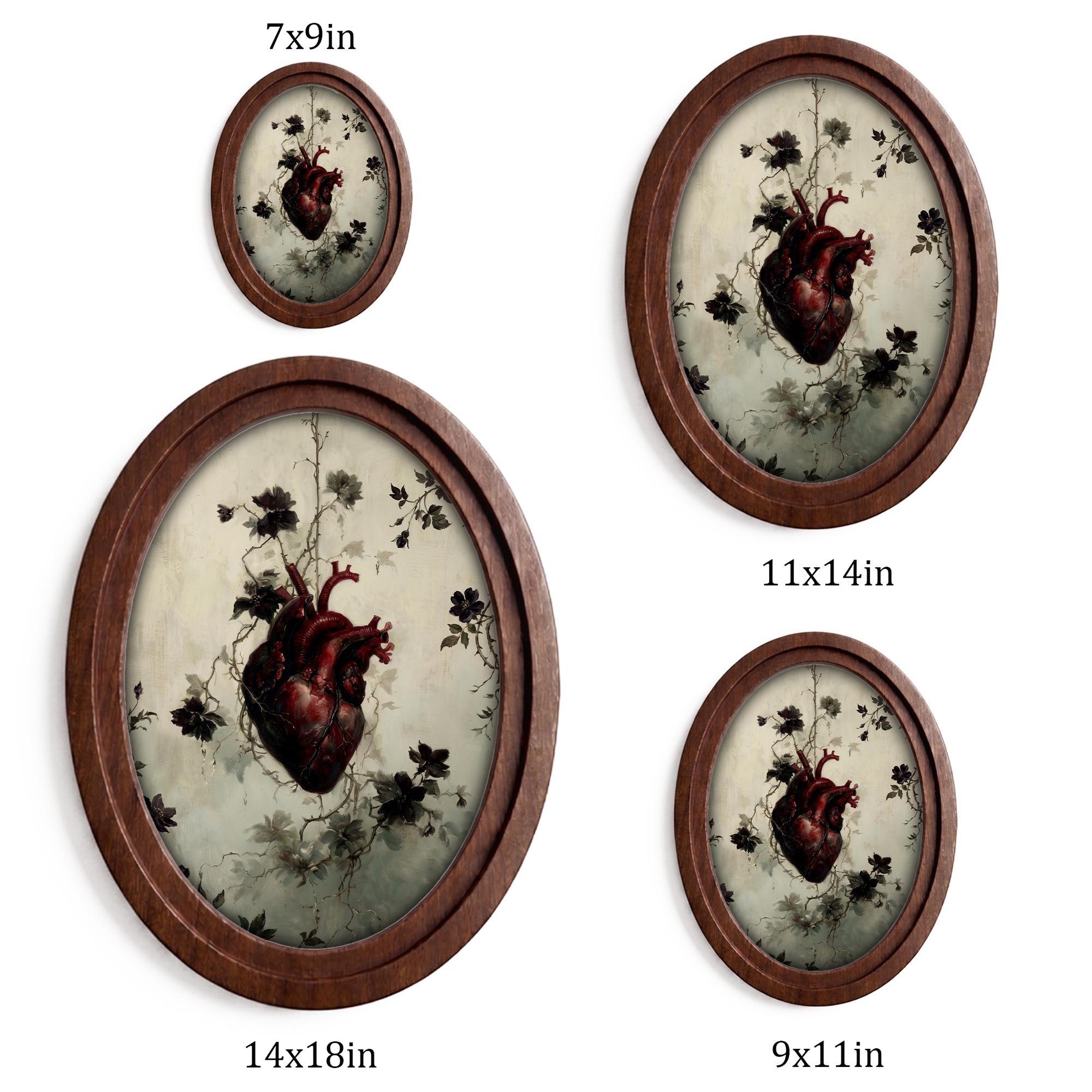 Anatomical Heart Wall Art with Flowers, Gothic Heart 3D Layered Wood & Canvas Frame, Dark Botanical Decor, Romantic Macabre Gift, 4 Sizes