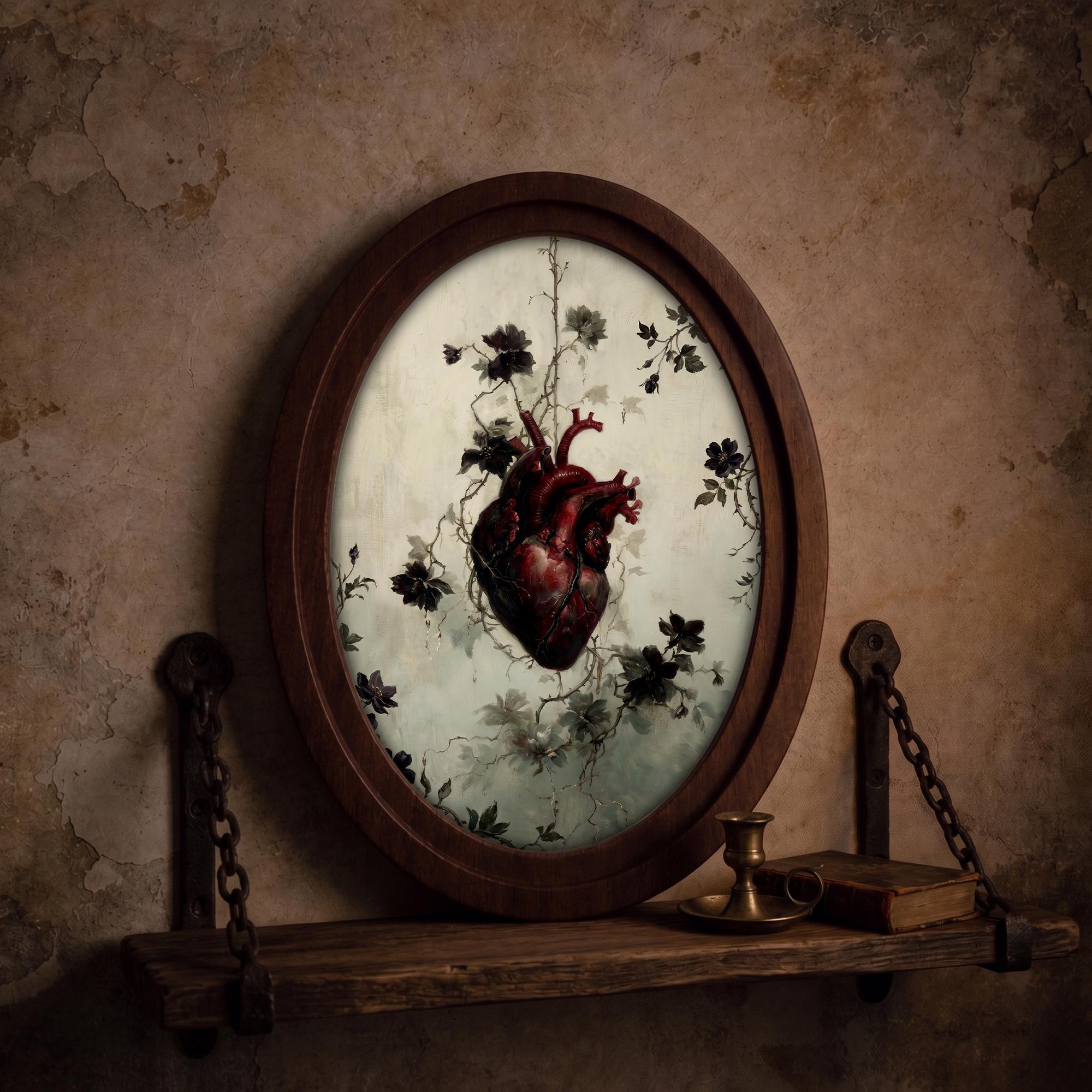 Anatomical Heart Wall Art with Flowers, Gothic Heart 3D Layered Wood & Canvas Frame, Dark Botanical Decor, Romantic Macabre Gift, 4 Sizes