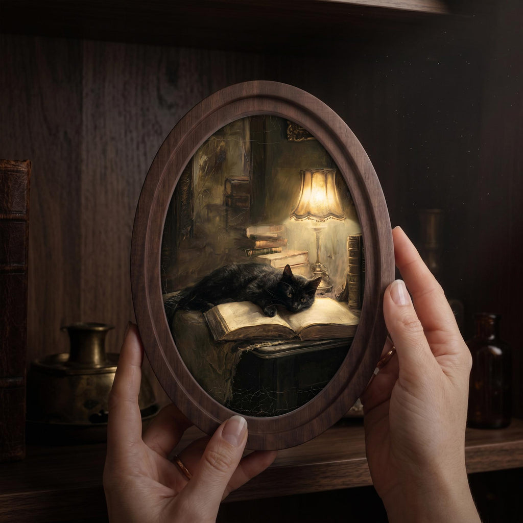 Black Cat Reading Antique Oil Painting Wall Art, Dark Academia Decor, Wood & Canvas Framed Art, Moody Library Aesthetic
