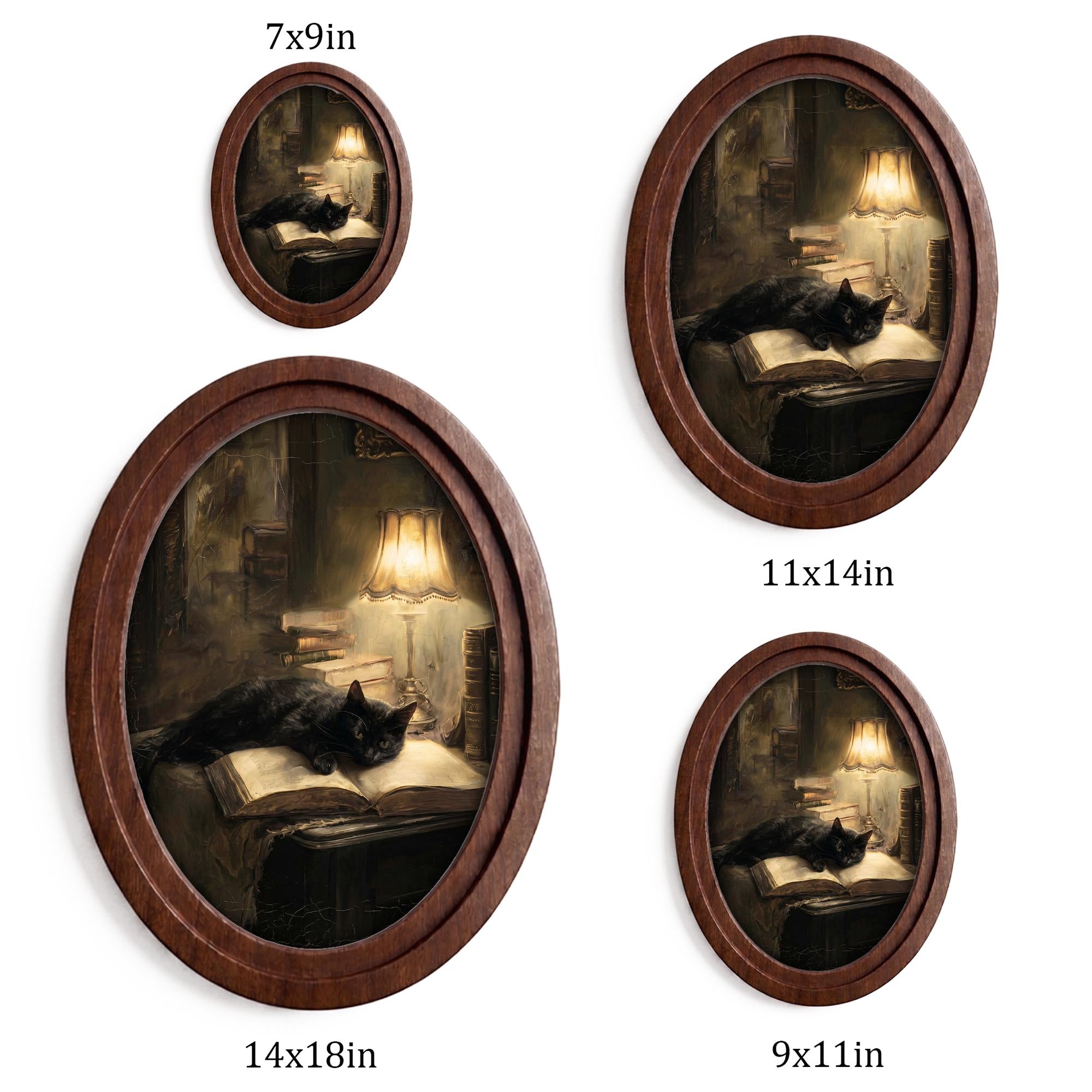 Black Cat Reading Antique Oil Painting Wall Art, Dark Academia Decor, Wood & Canvas Framed Art, Moody Library Aesthetic